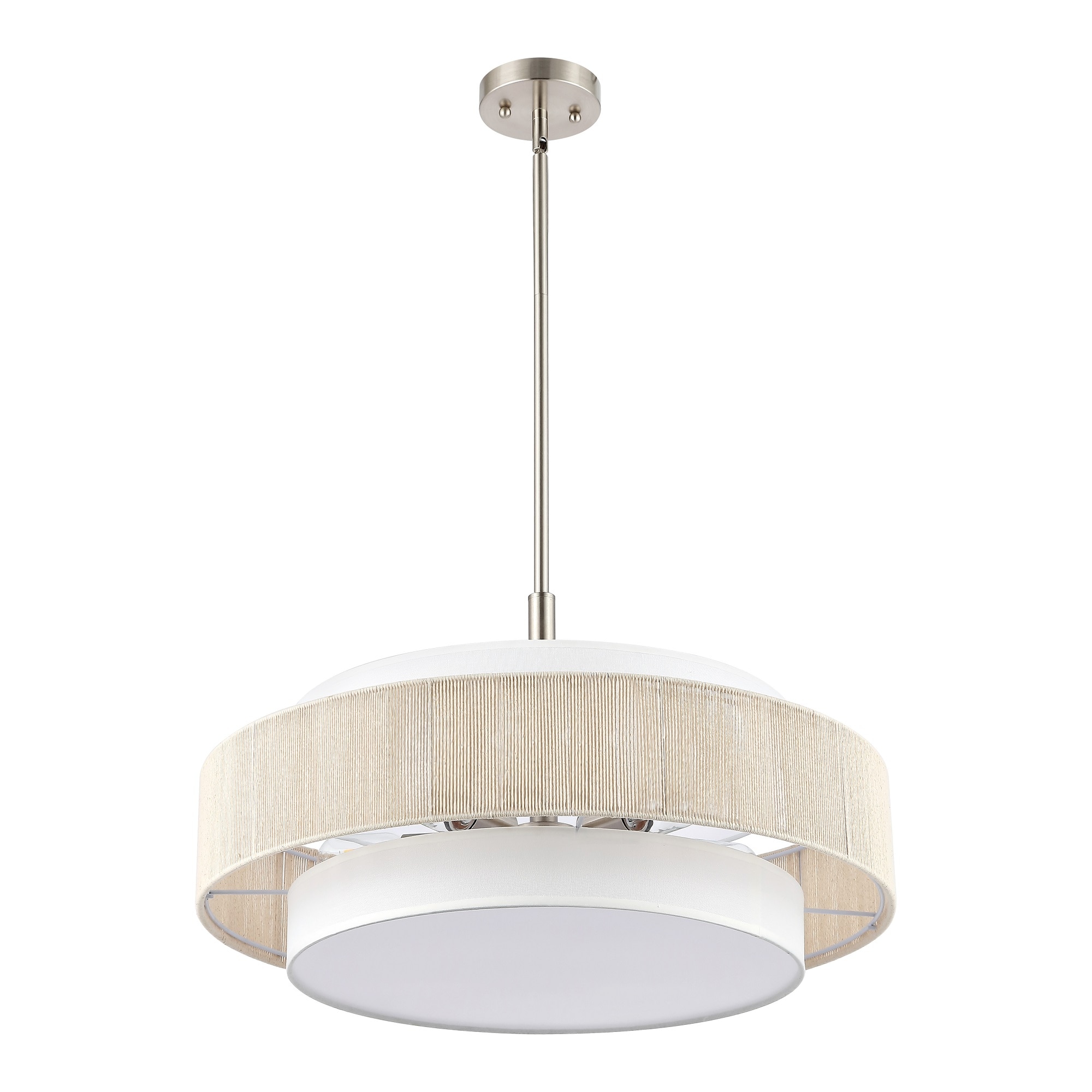 52" Brushed Nickel Double Drum Chandelier with Beige Rope Shade