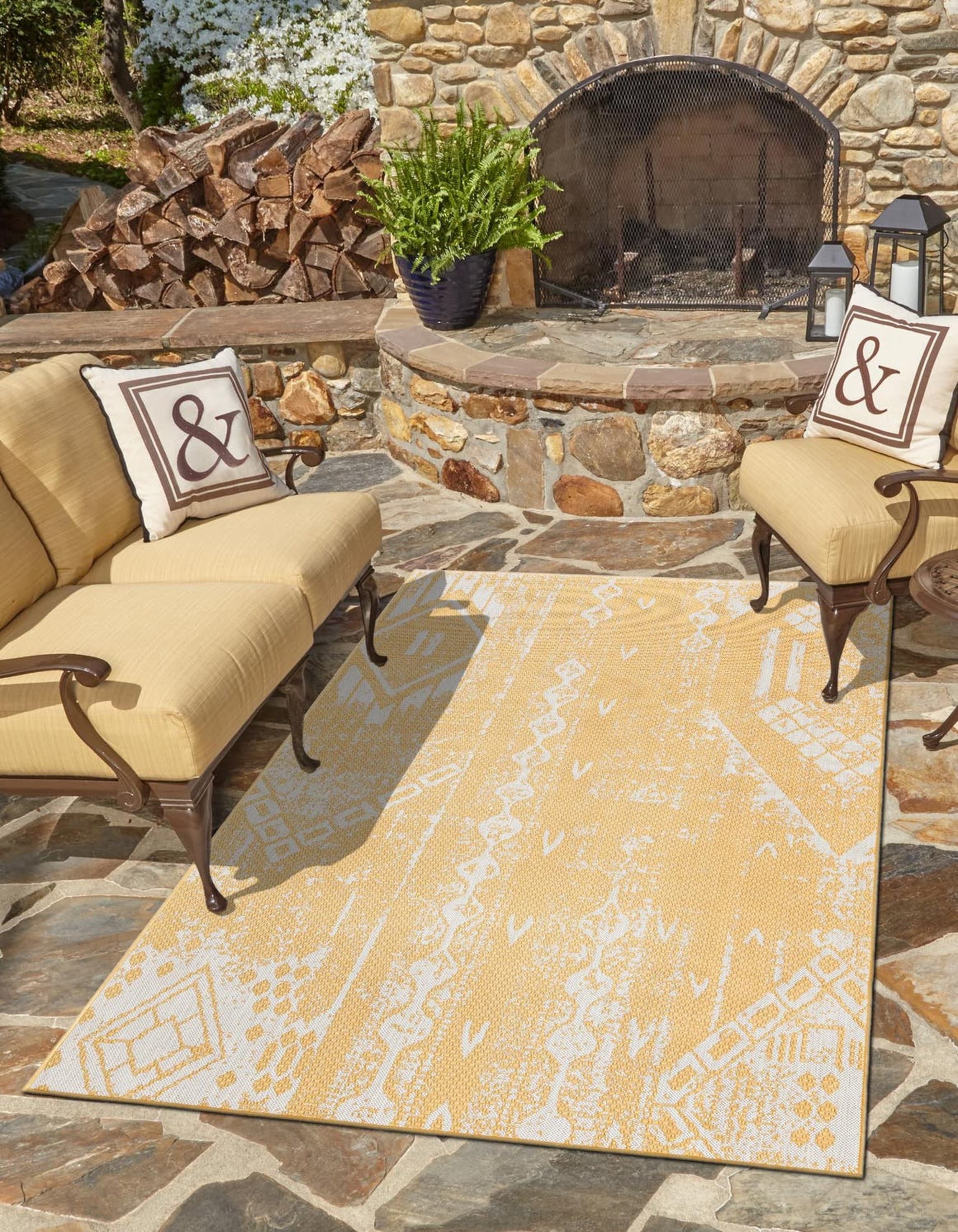 Unique Loom 3180973 Outdoor Bohemian 8 x 10 (ft) Loomed Polypropylene Yellow Rectangular Indoor/Outdoor Abstract Area rug