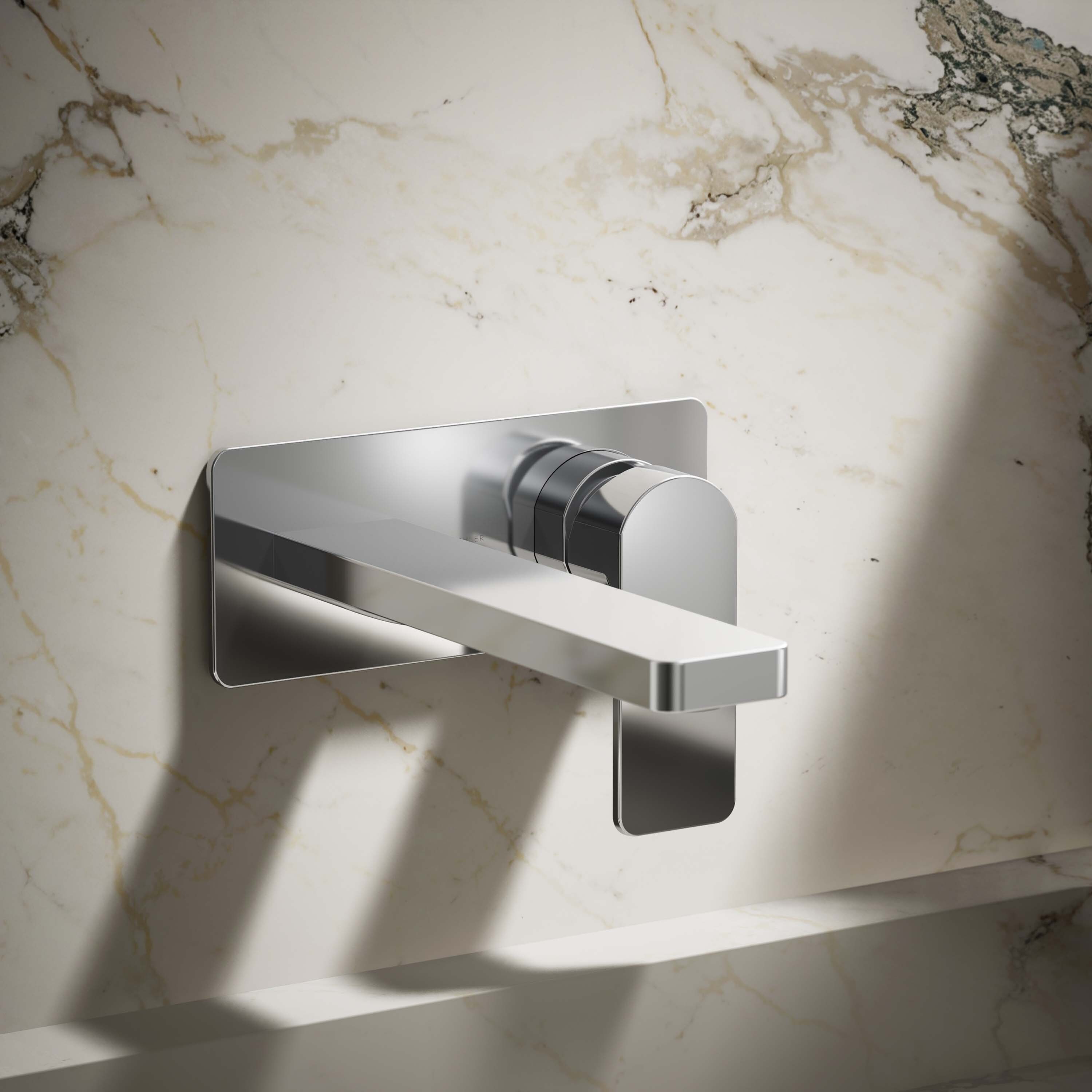 KOHLER K-22567-4-CP Parallel Polished Chrome Wall-mount 1-handle WaterSense Low-arc Commercial/Residential Handle Bathroom Sink Faucet with Deck Plate