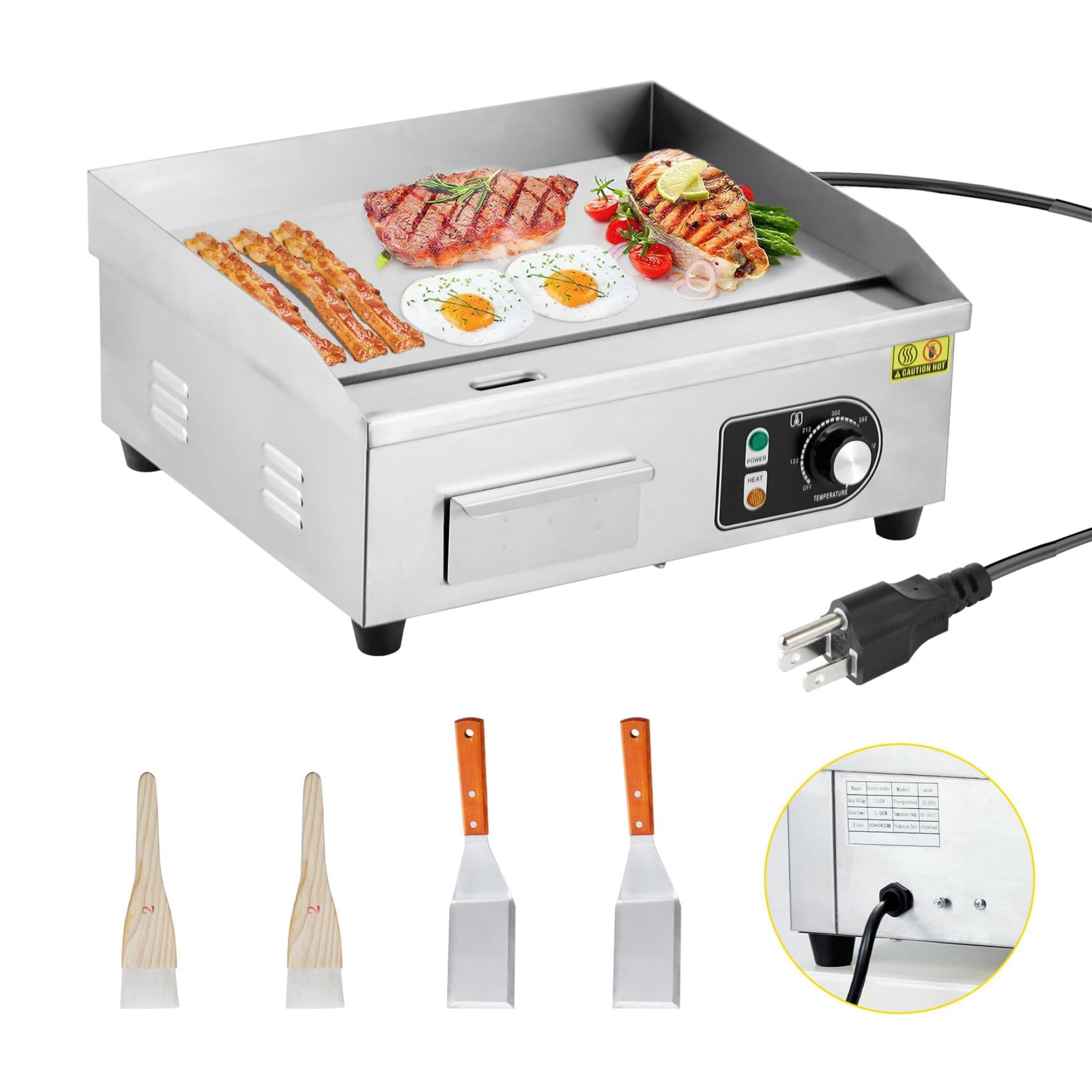 Garvee - 18in Commercial Electric Griddle - 1500W Countertop Flat Top Grill - 122-572F Adjustable...