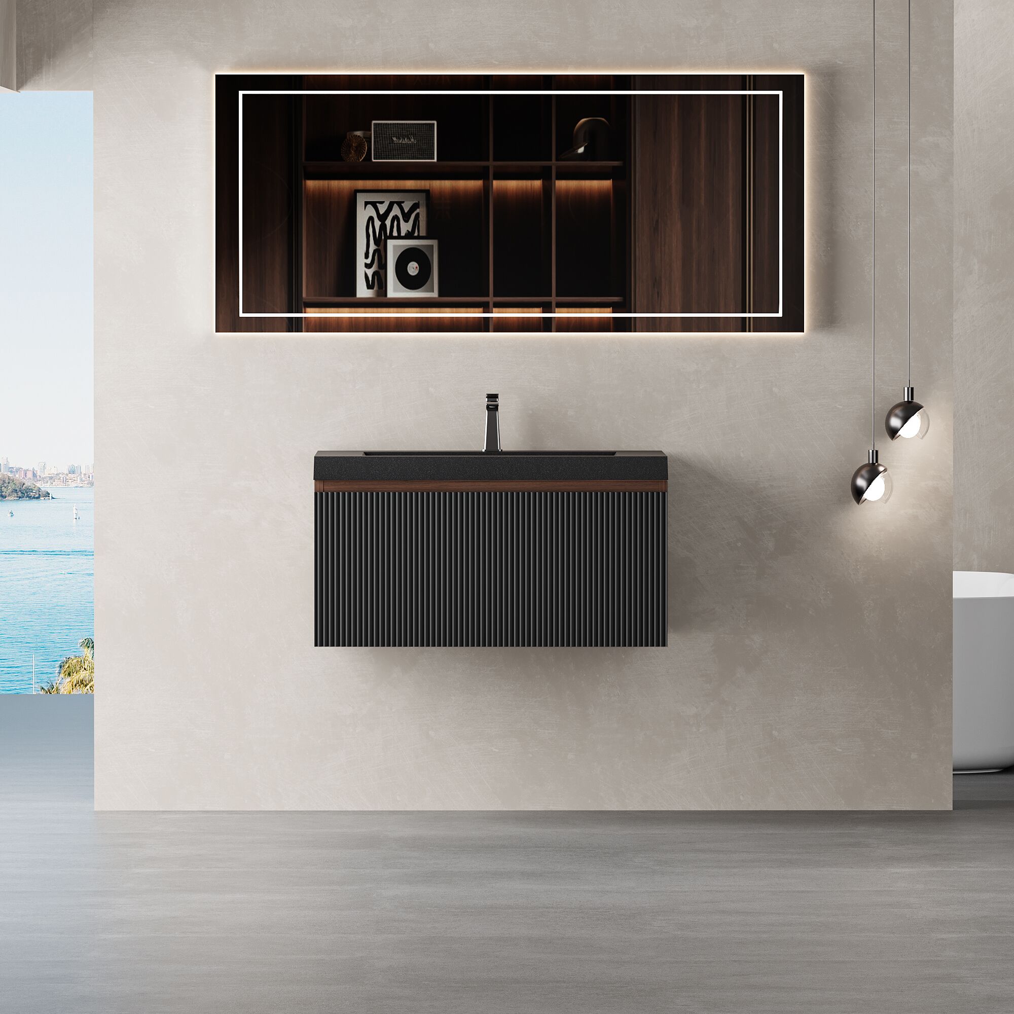 Tatayosi 30 Inch Smoked Walnut Modern Floating Wall Mounted Striped Bathroom Vanity with Sink Soft Close Drawers Black Quartz Sand Basin
