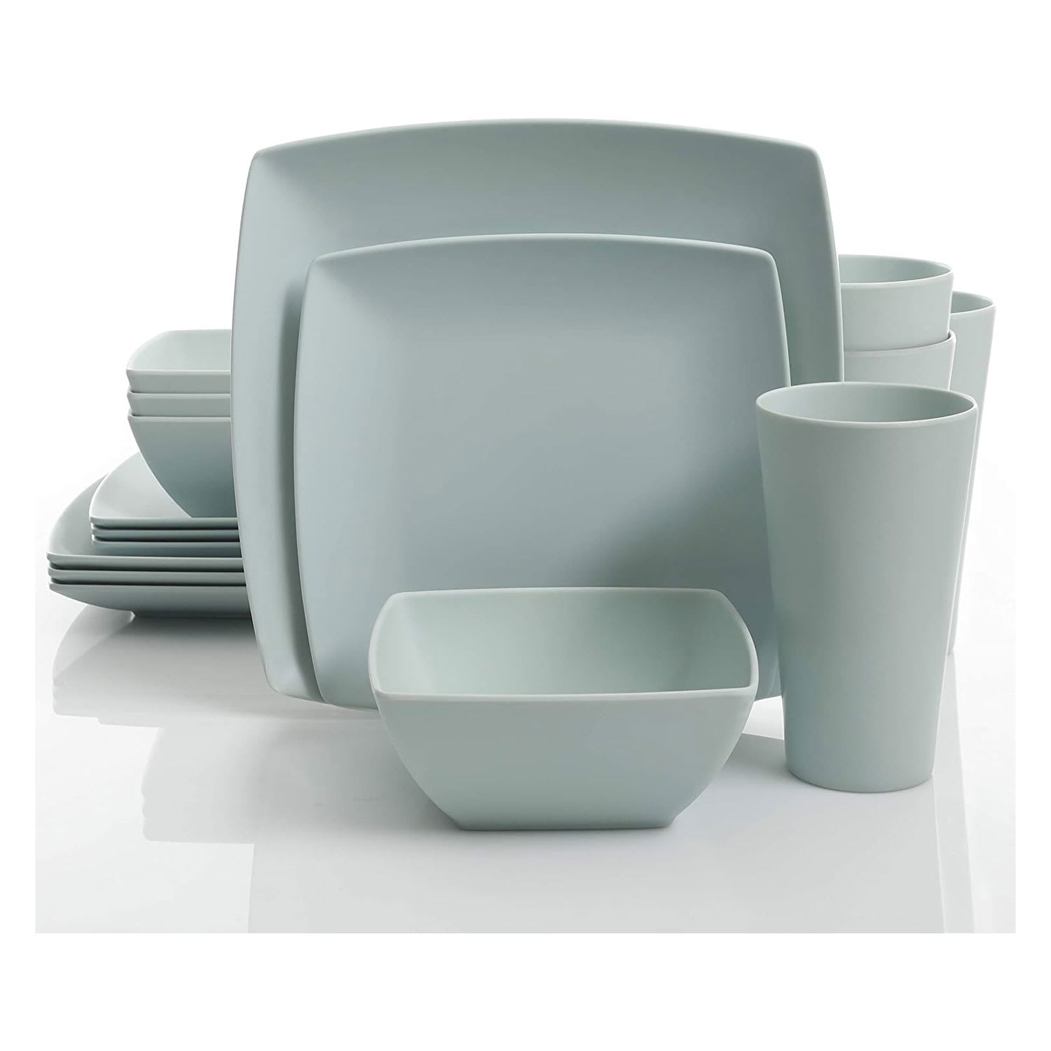 Gibson 189483 99898.16R Home Soho Grayson Square Melamine Everyday 16 Piece Reactive Glaze Dinnerware Set Plates Bowls and Cups Dishwasher Safe Mint Green