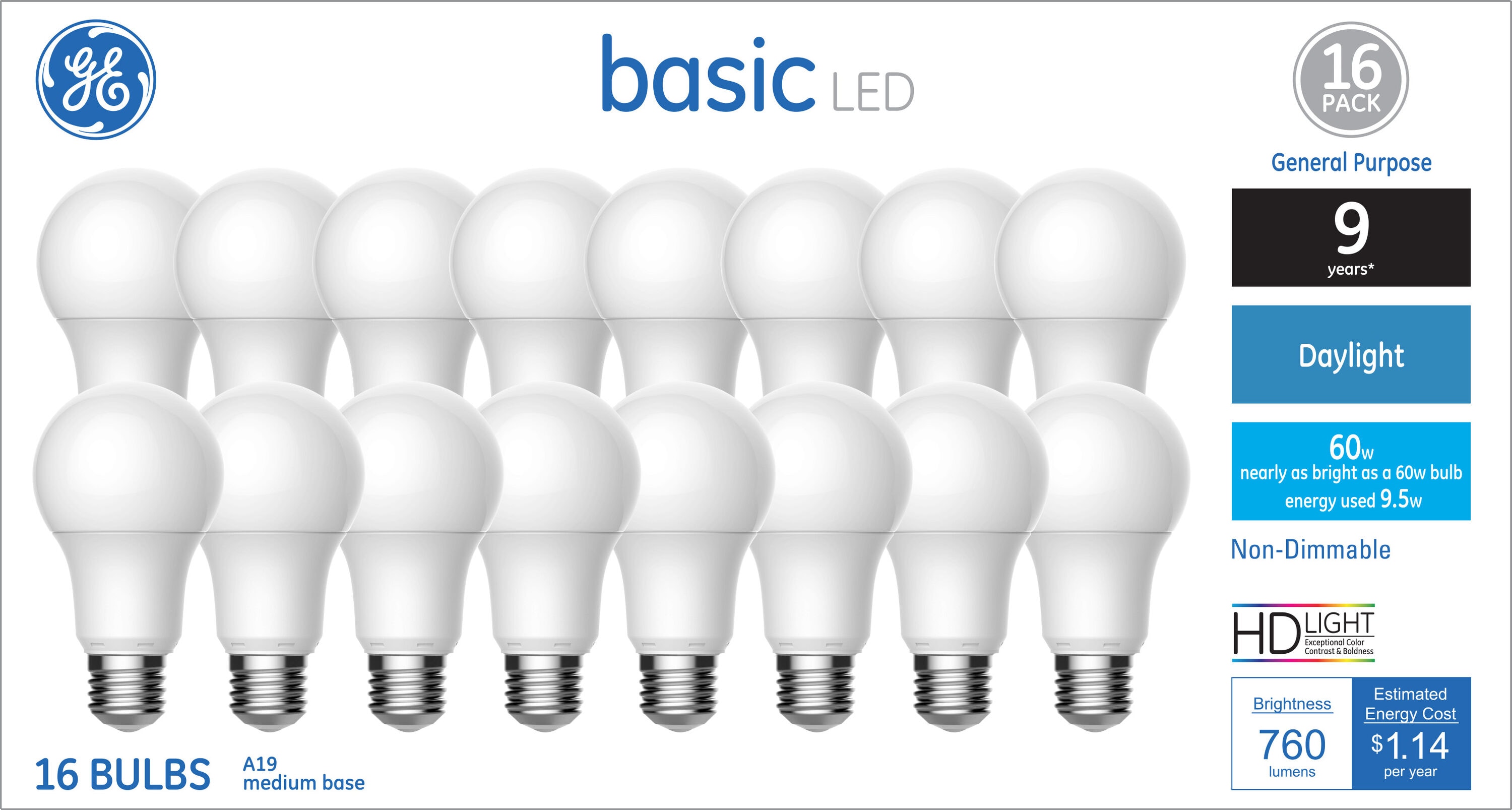 GE Basic EQ A19 Daylight Medium (E-26) LED Bulb (16-Pack) in the General Purpose Light Bulbs department at Lowes.com