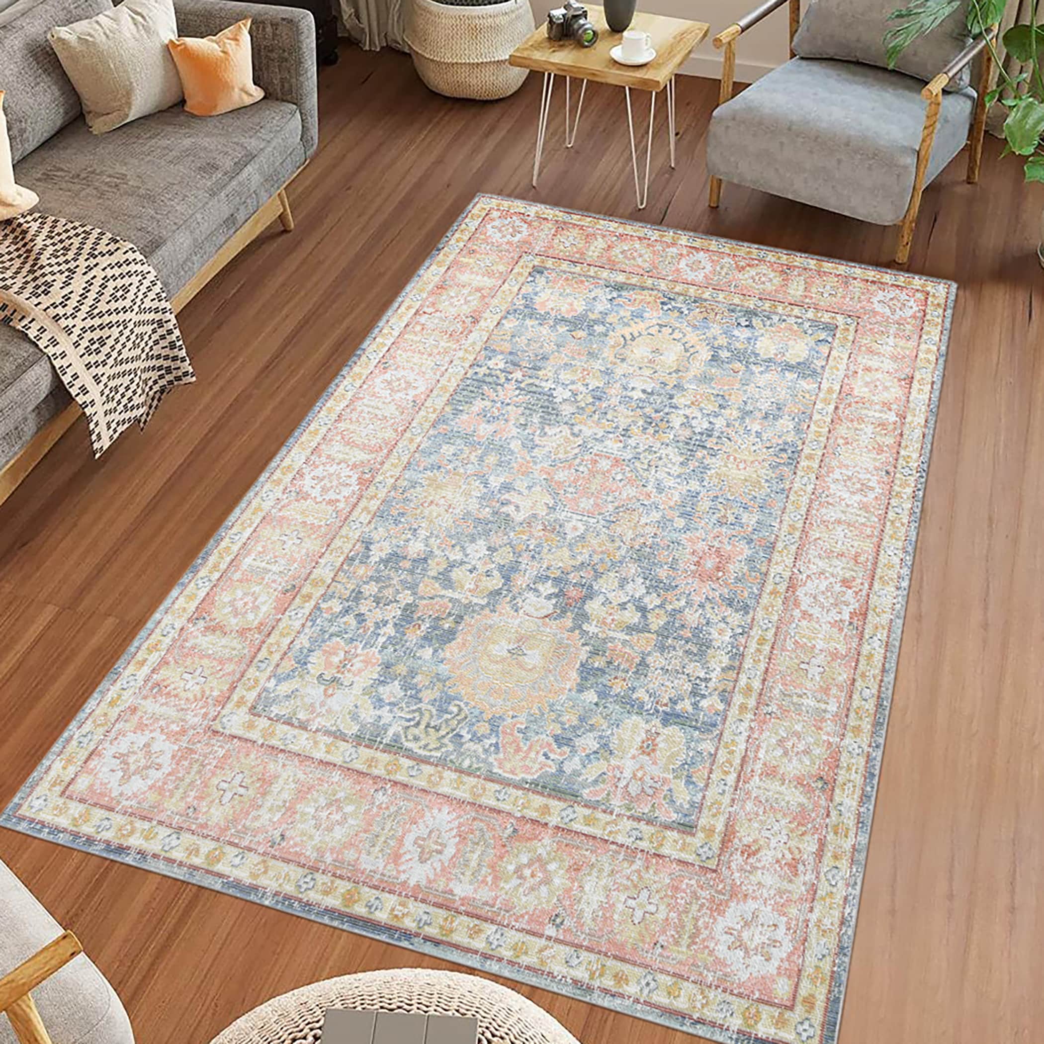 Amer Rugs CEN152608 3 x 8 (ft) Polyester Navy/Pink Rectangular Indoor Border Runner rug