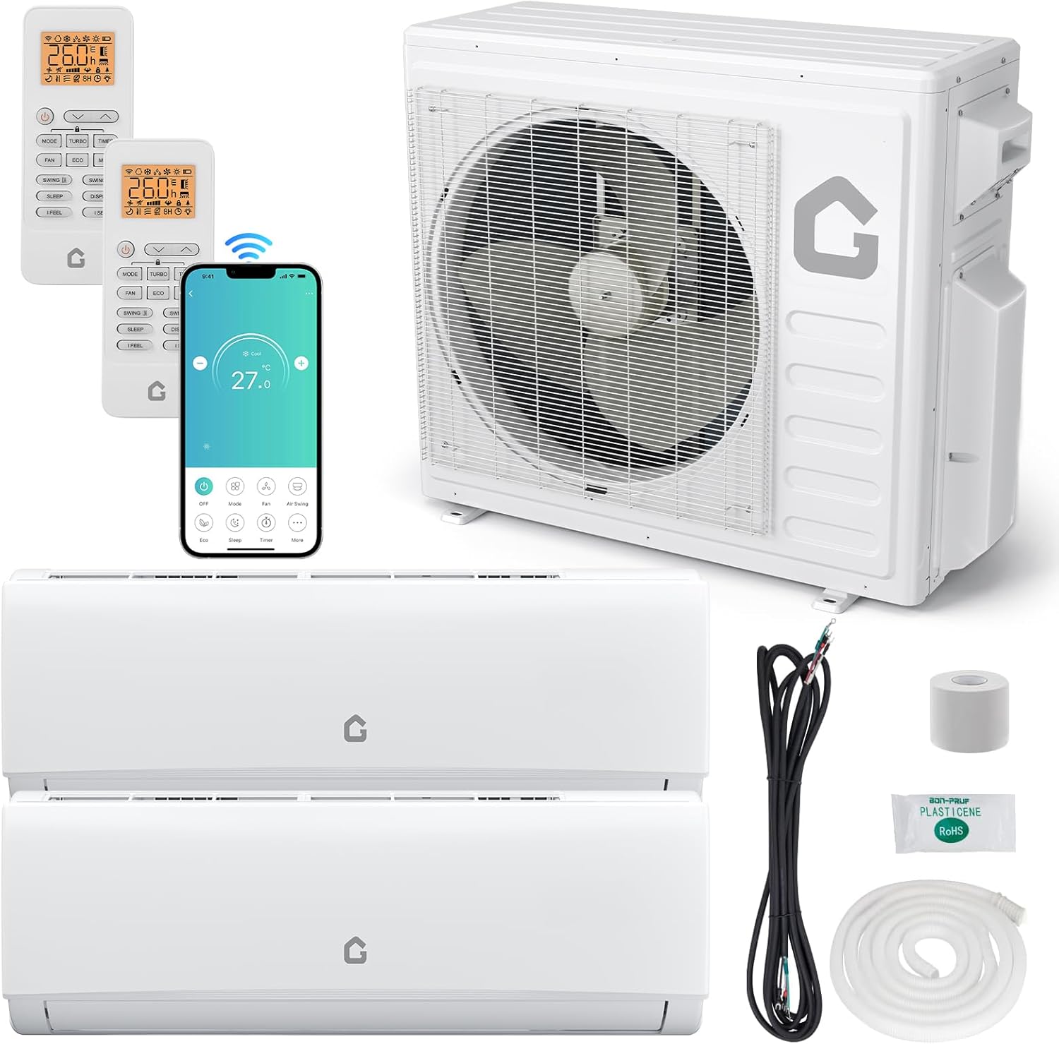 Garvee 20K BTU Dual Zone Mini Split AC Heating System 20 SEER2 208-230V Ductless Wall Mounted 9000+12000 BTU Wifi Control No Copper Tube Line Set Included