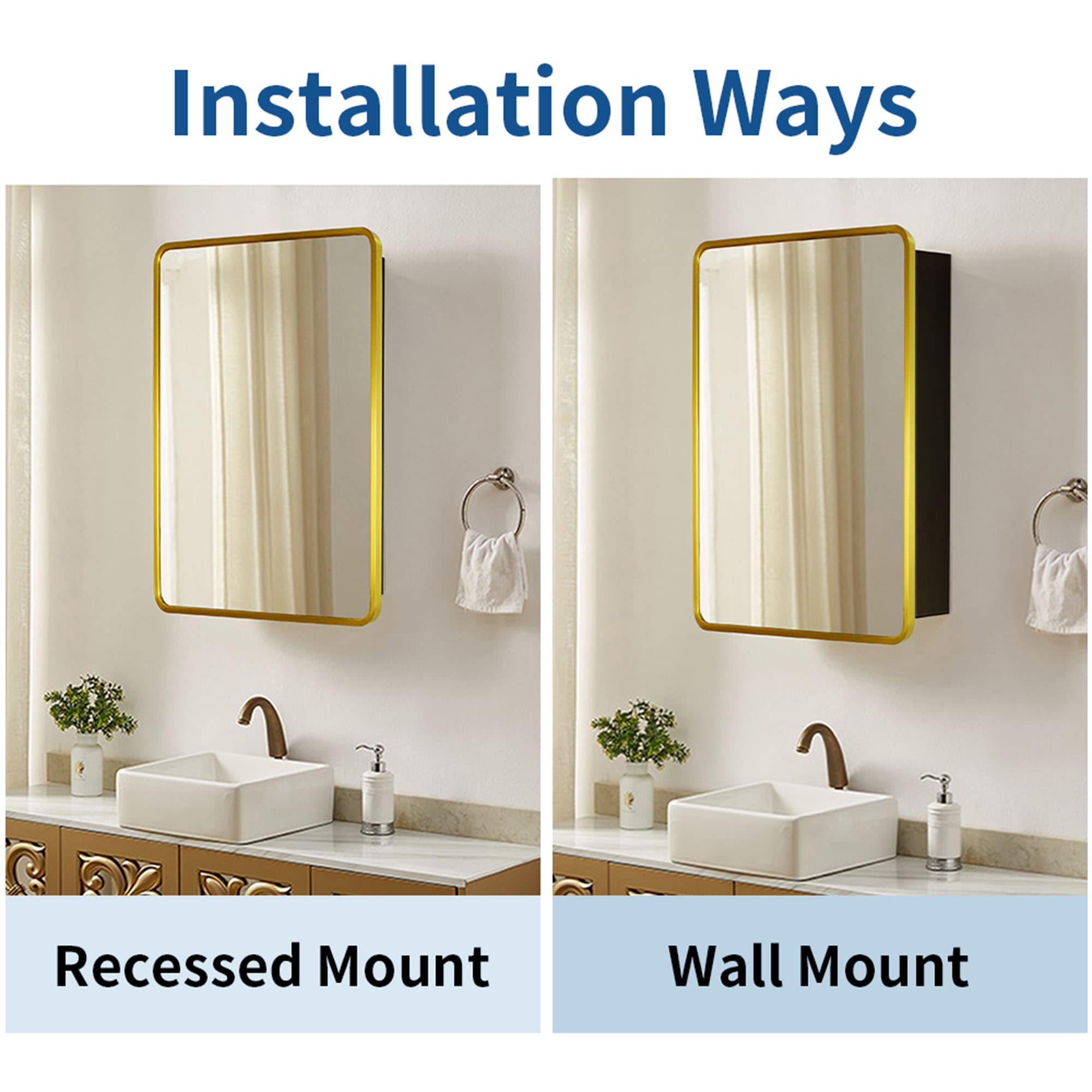 WELLFOR 20-in x 28-in Surface/Recessed Mount Gold Mirrored Medicine ...