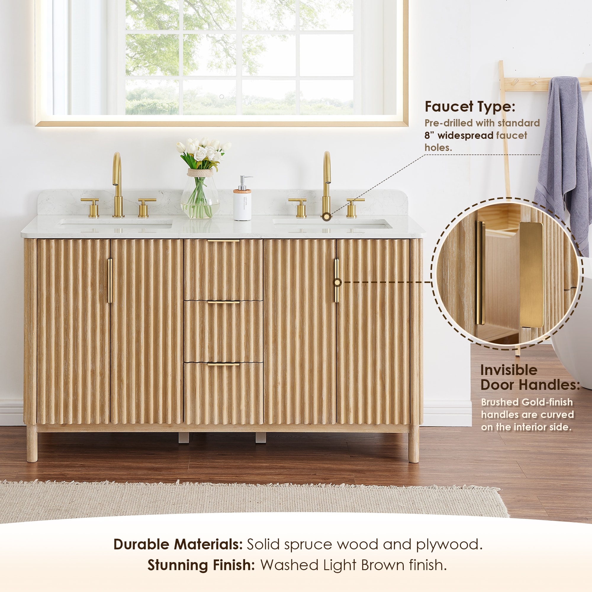 Sierra 60" Washed Light Brown Double Vanity with Engineered Stone Top