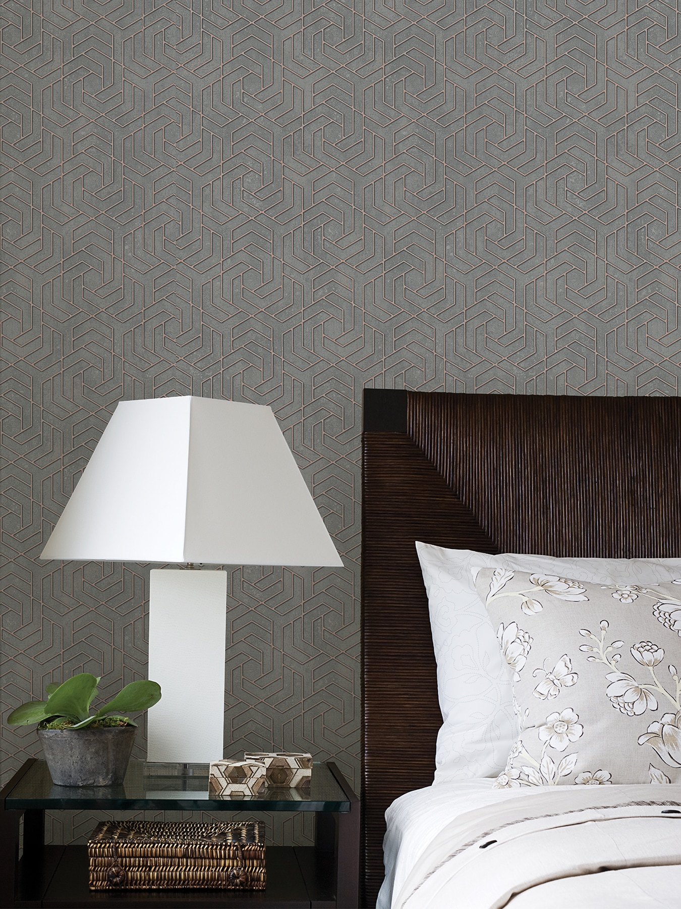 Tama Charcoal Geometric Vinyl Wallpaper with Rose Gold Accents