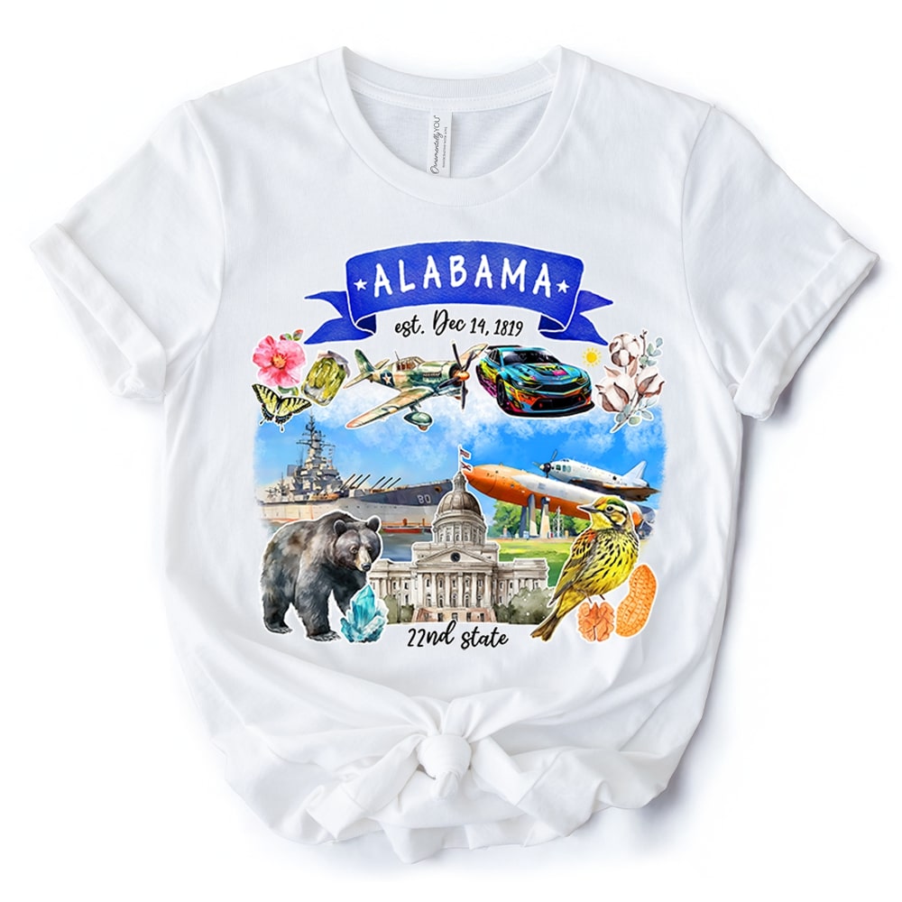 OrnamentallyYou TSHIRT1162-WHT-XL Artistic Alabama State Themes and Landmarks Tee for History and Travel Lovers