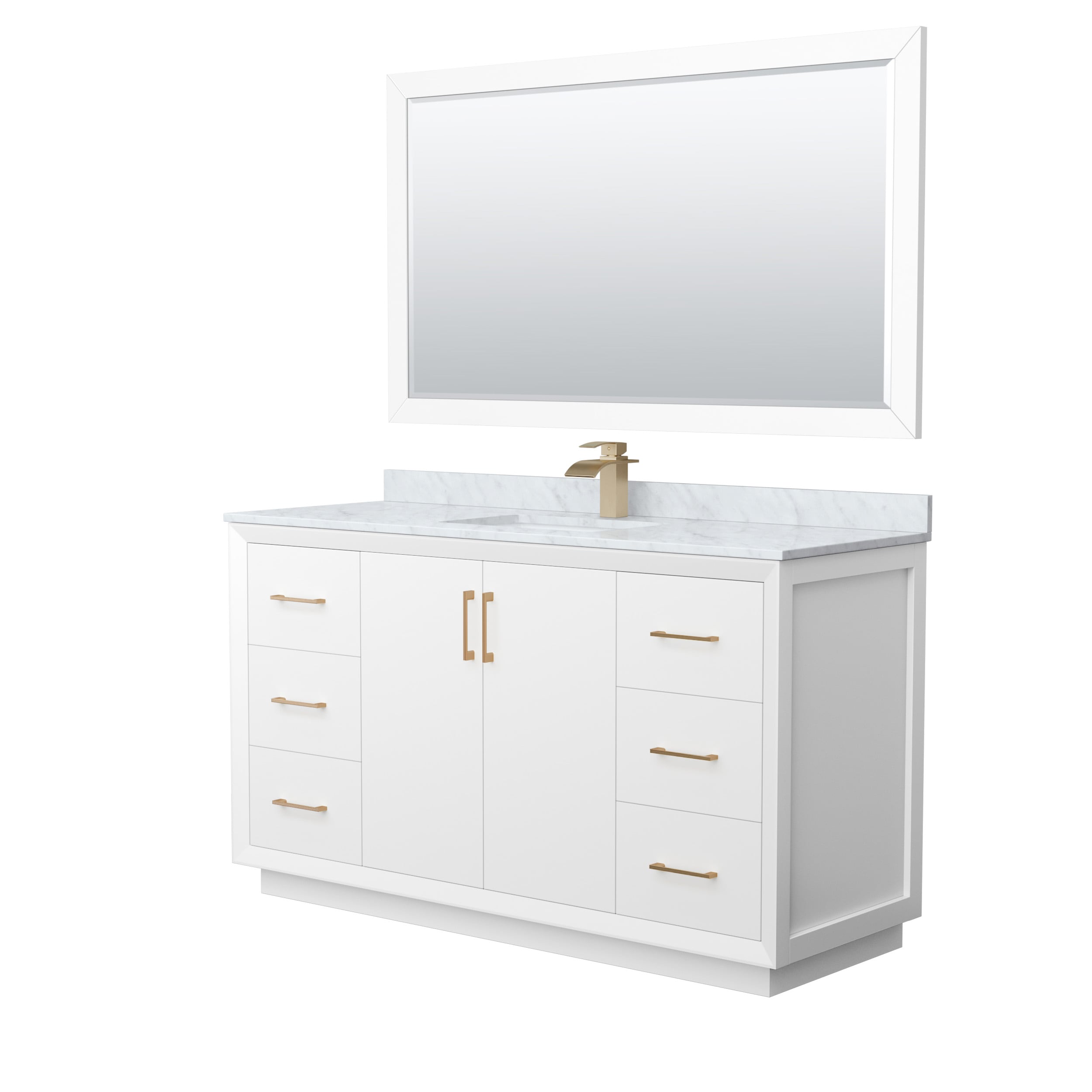 Wyndham Collection WCF414160SWZCMUNSM58 Strada 60-in White with Satin Bronze Trim Undermount Single sink Bathroom Vanity with White Carrara marble Natural marble Top (Mirror Included)
