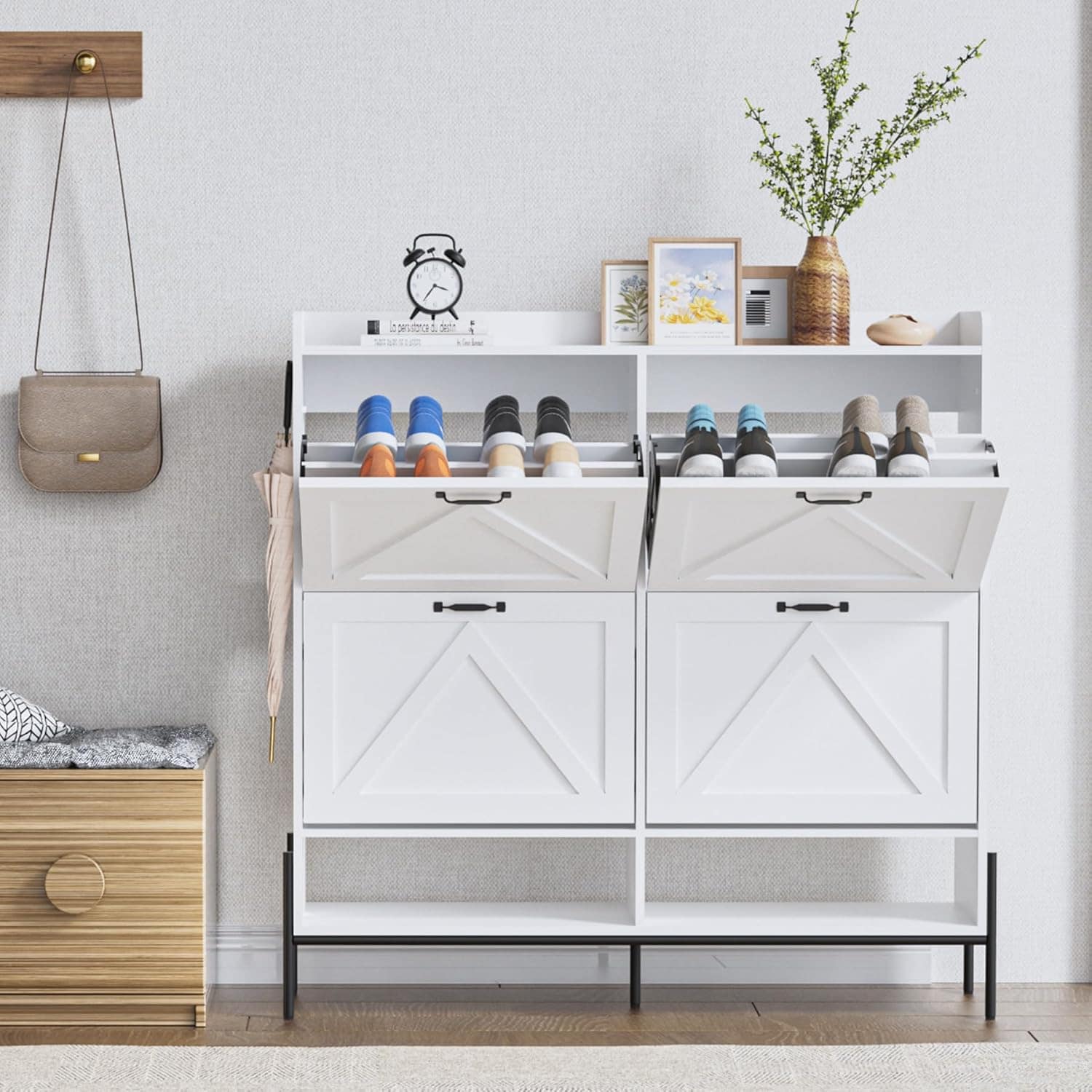 Garvee Shoe Cabinet with 4 Flip Drawers Large Capacity Entryway Shoe Storage with Metal Legs White