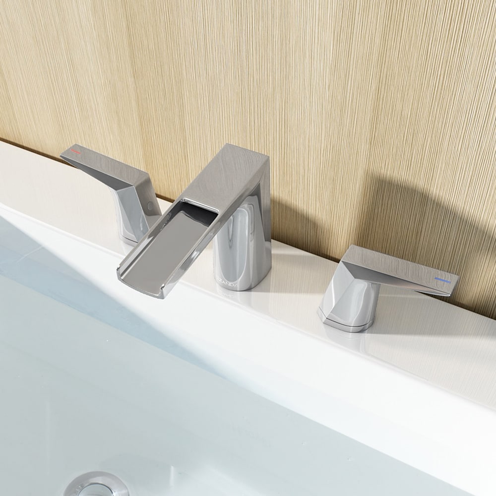 EZANDA 1431201 Diamond Polished Chrome Widespread 2-handle Waterfall Residential Handle Bathroom Sink Faucet with Drain