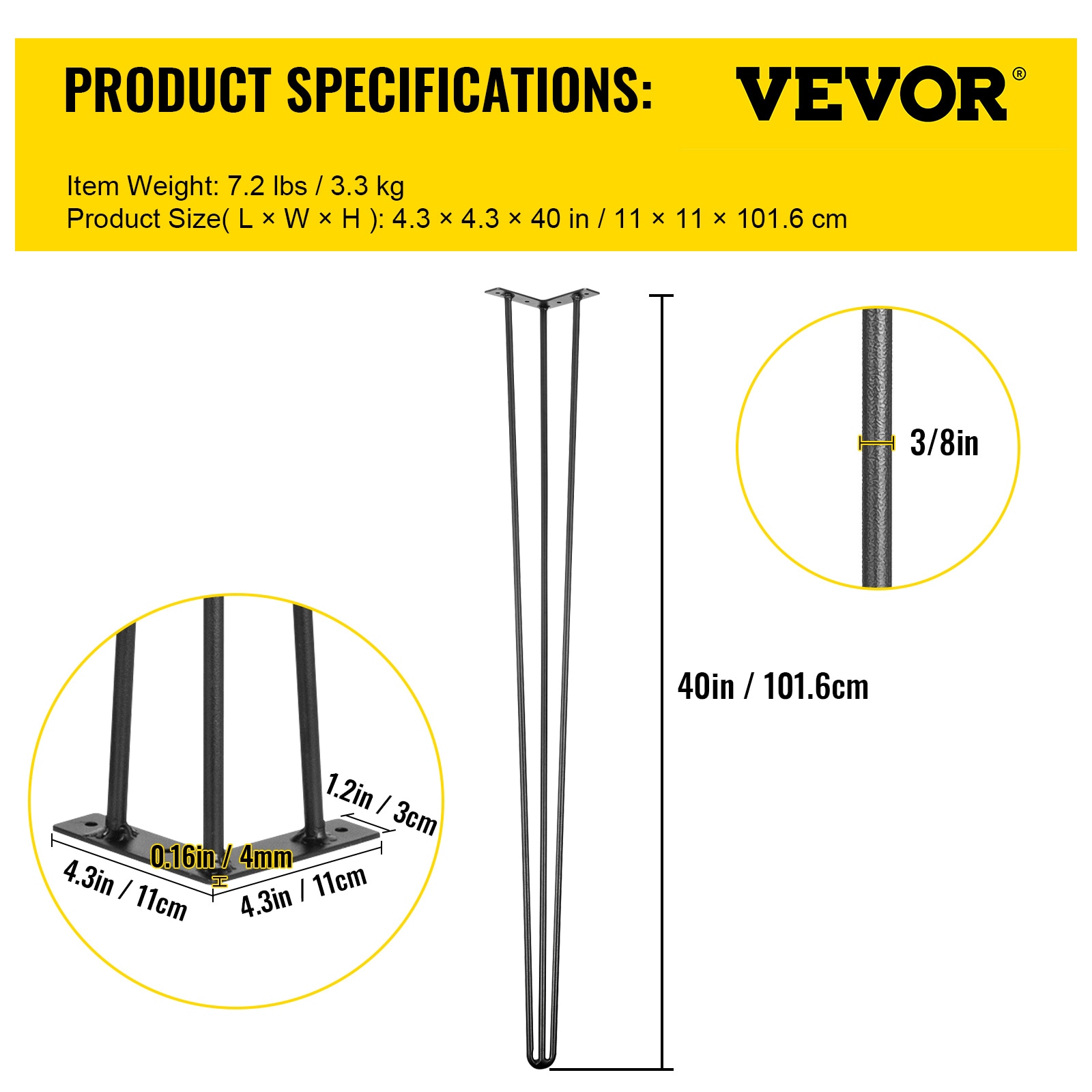 VEVOR 4.3-in x 40-in Hairpin Table Leg in the Table Legs department at