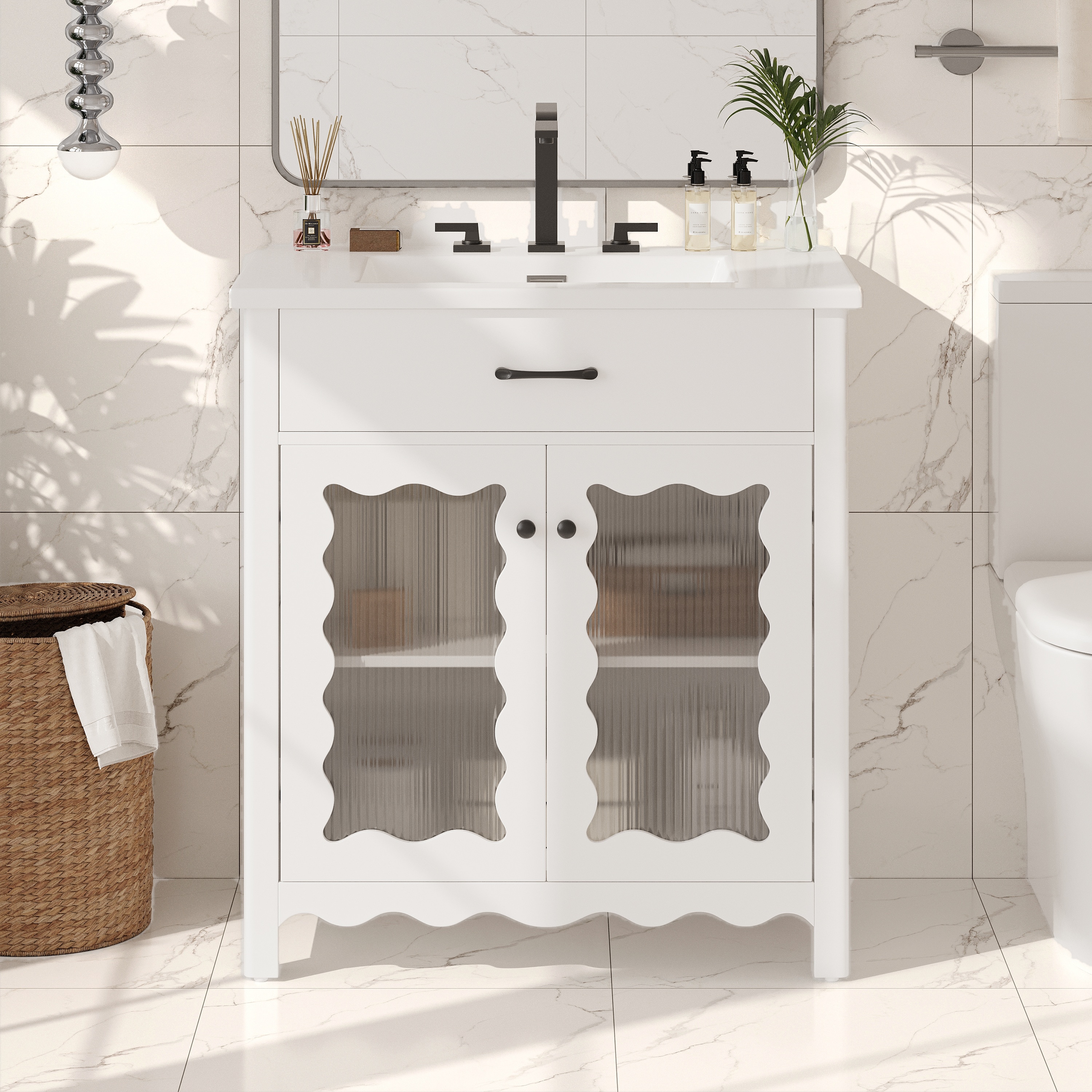 Tatayosi 31 Inch White Modern Bathroom Vanity with Tempered Glass Doors ...