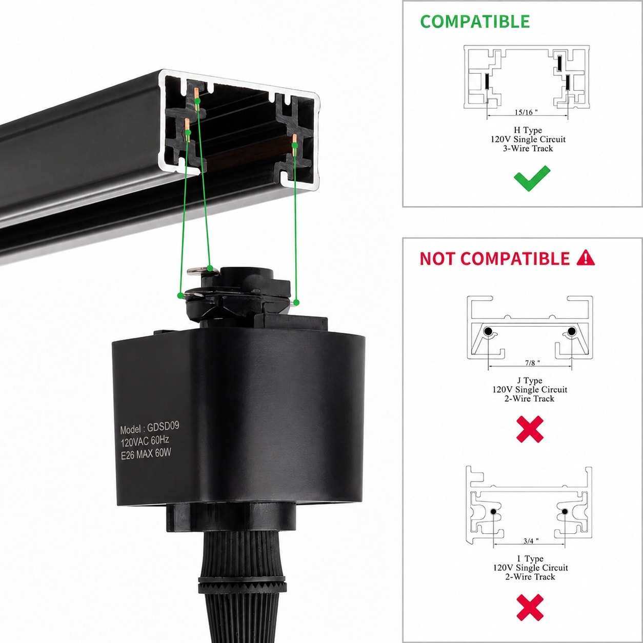 IUEST H Type Black Track Lighting Pendant with E26 Socket Cord ...
