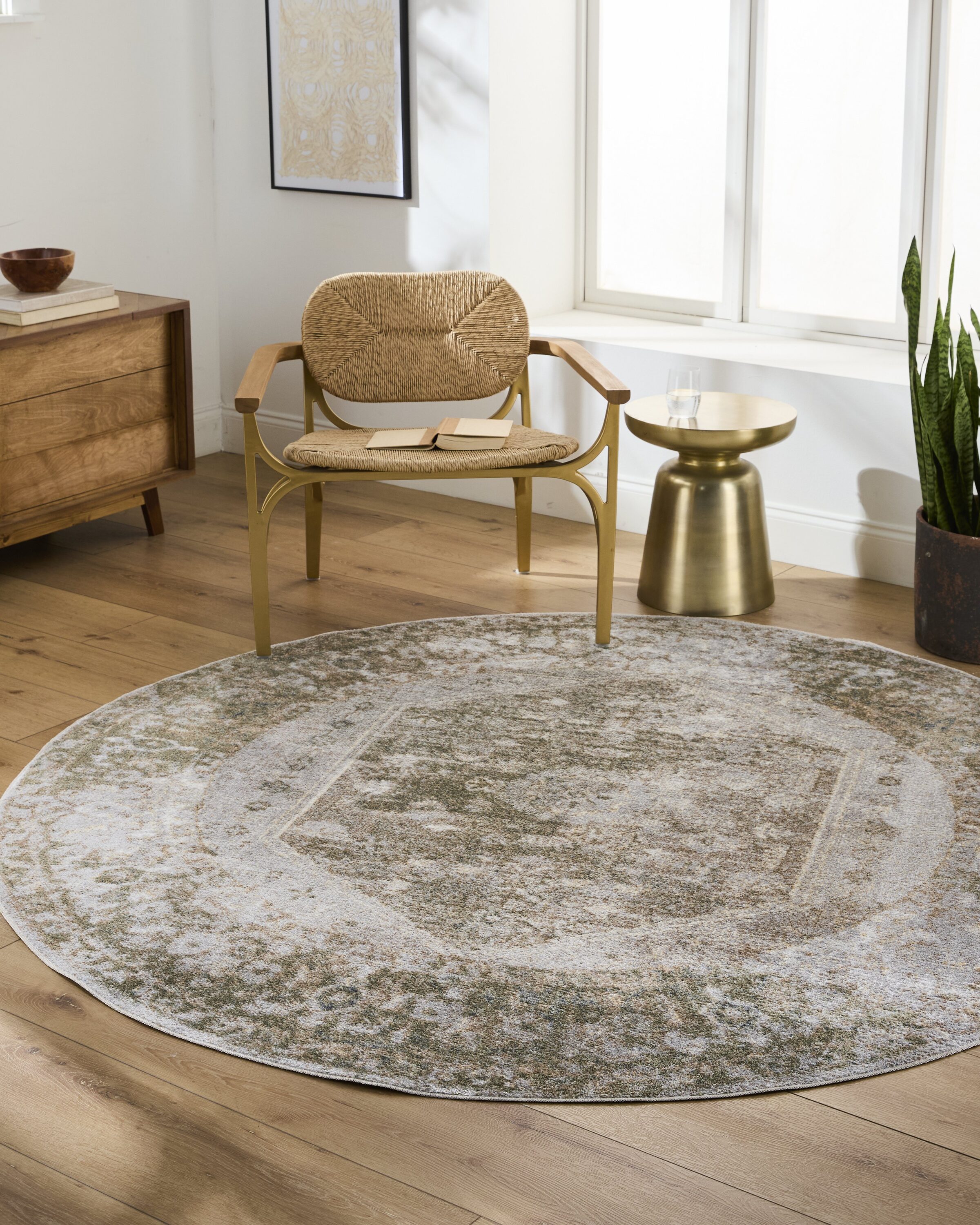 Livabliss LLL2308-67RD 7 x 7 (ft) Polyester Light Beige/Light gray Round Indoor Medallion Vintage Machine washable Area rug