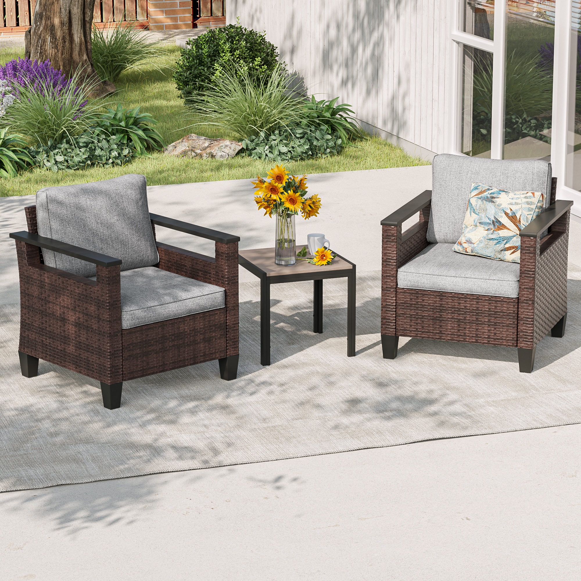 Sonkuki SD-A-HLY 3 -Piece Wicker Patio Conversation Set with Gray Cushions