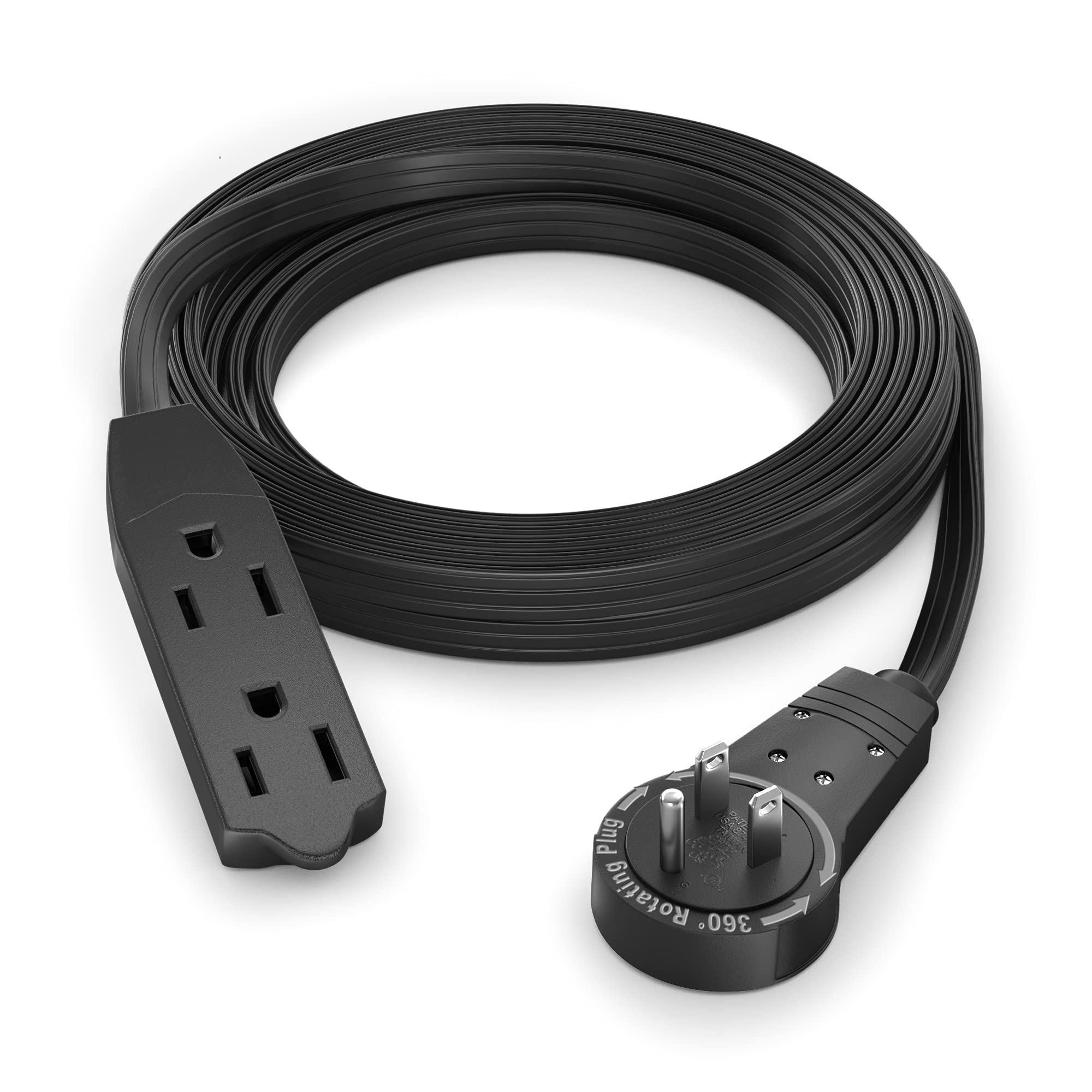 Maximm 10 Ft 360 Rotating Flat Plug Extension Cord/Wire - 16 AWG Multi 3 Outlet Extension Wire - 3 Prong Grounded Wire - Black - UL Certified