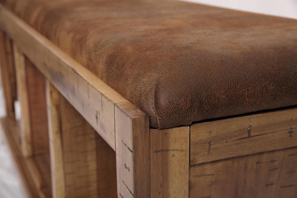 Distressed Toffee Brown Acacia Hall Bench with Storage and Microfiber Seat