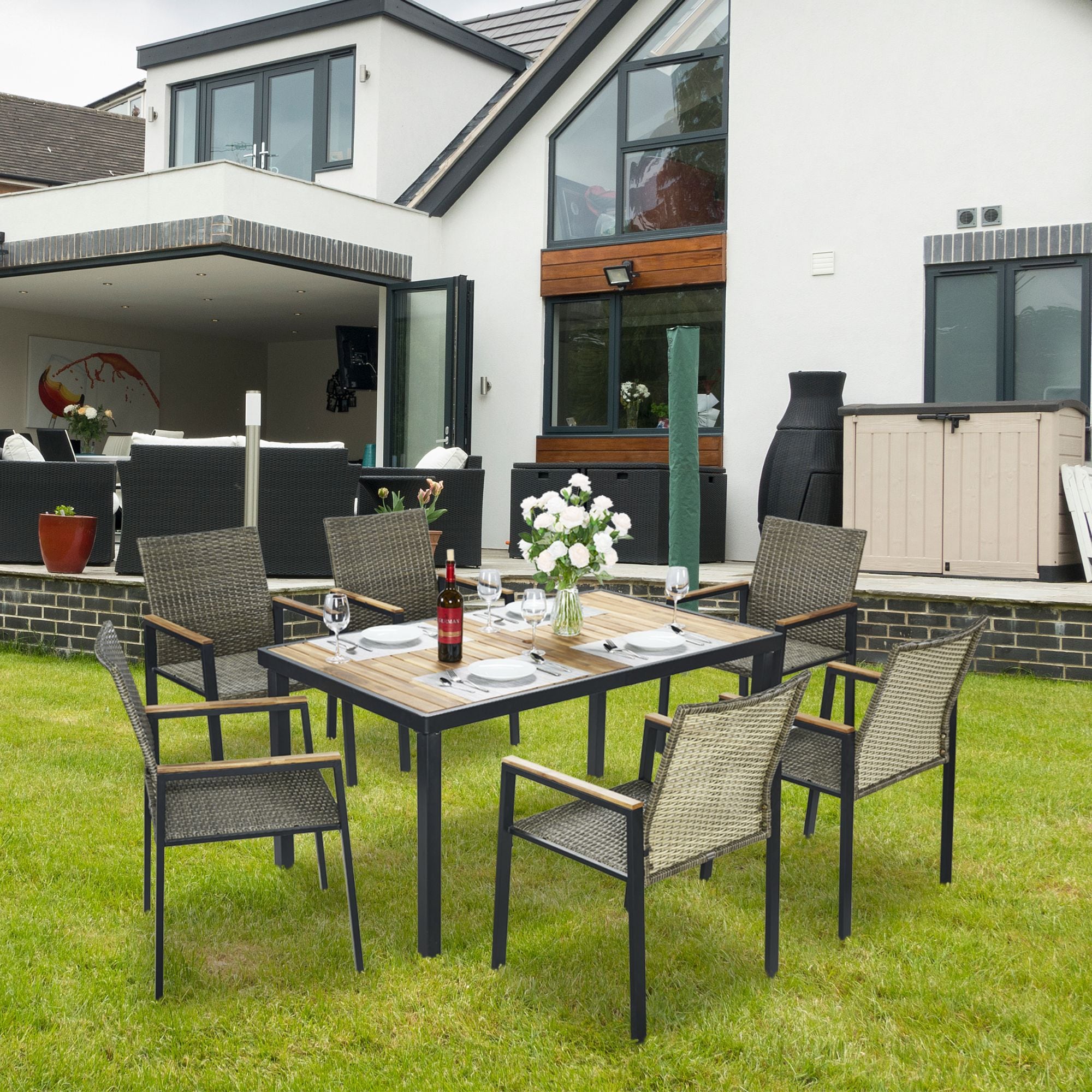 Homy Casa AWP BG AWP All Weather 7-Piece Patio Dining Table Set with Acacia Wood Table Top and Umbrella Hole Brown Gray Rattan Chairs