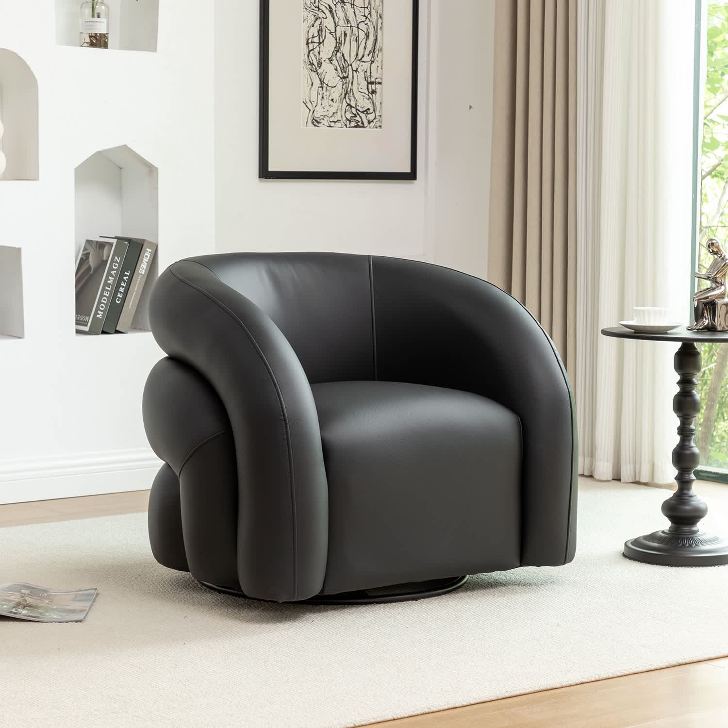 SEYNAR CE720-BLACK Modern Glam PU Leather 360 Degree Swivel Accent Armchair with Metal Base
