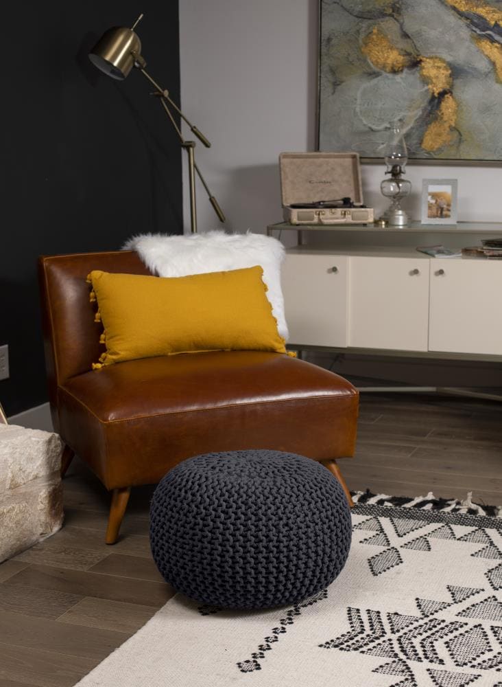 Charcoal Grey Hand-Woven Cotton Round Pouf Ottoman