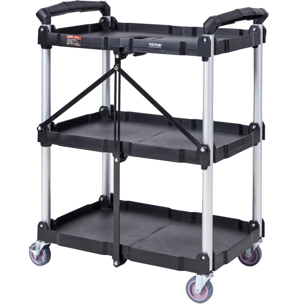 Loheer 25.62-in 3-Shelf Foldable Utility Cart Heavy Duty Plastic Rolling Service Cart with Lockable Wheels