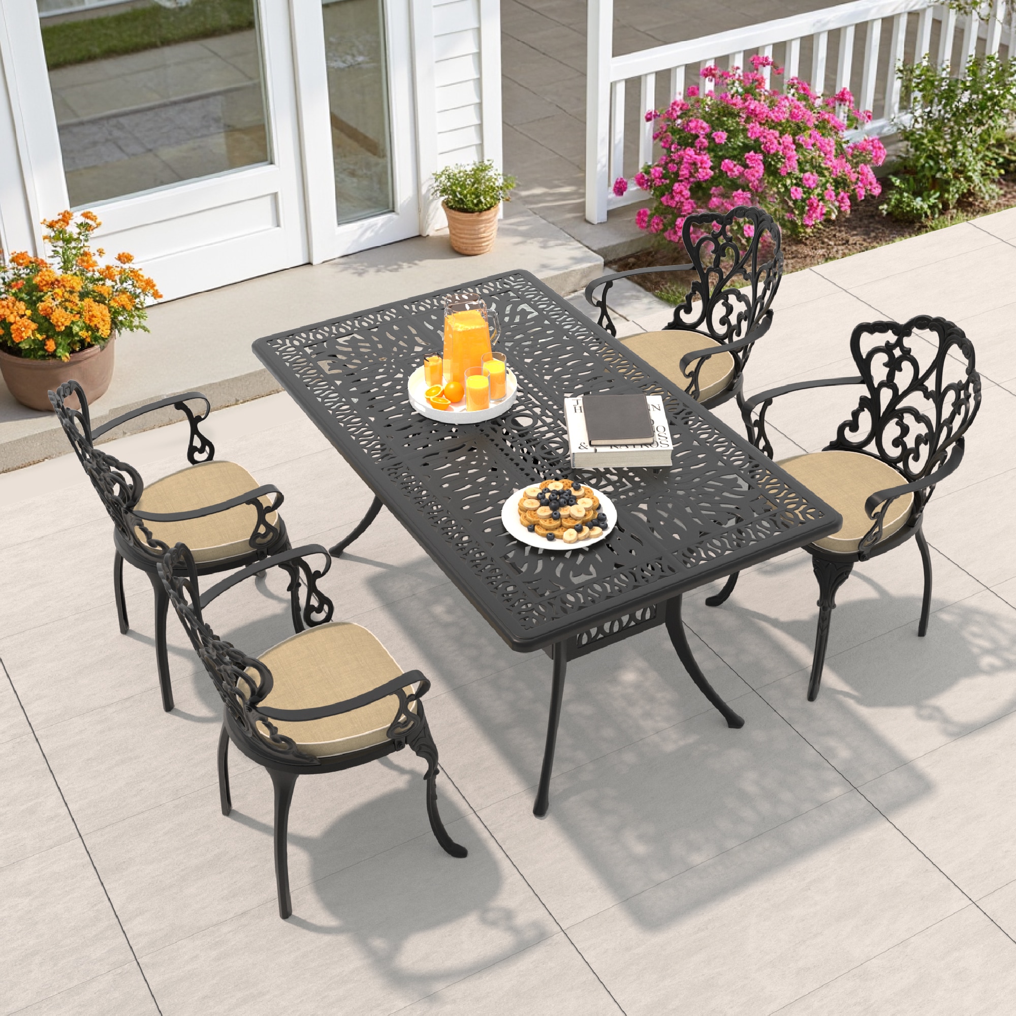 nicesure SLBK6047CZ4A1042RC 5 -Piece Black Patio Dining Set Aluminum Rectangle Table with 4 Cushions Stationary Chairs
