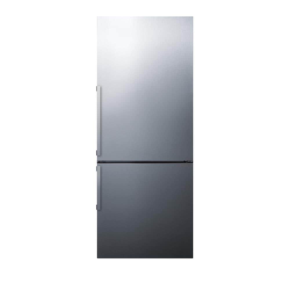 European counter depth bottom freezer refrigerator with stainless steel  doors, platinum cabinet, factory installed icemaker, and digital controls  for each section 