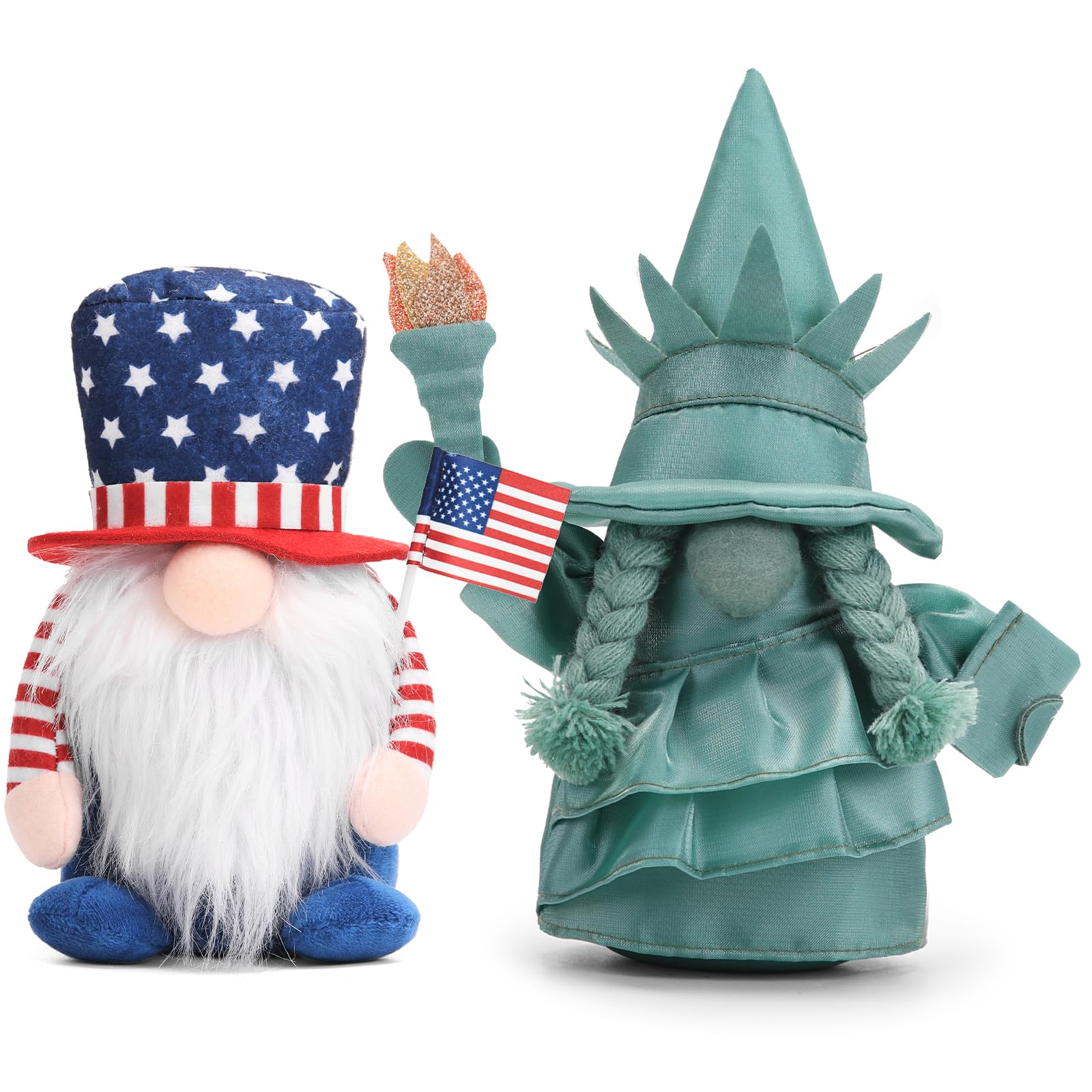 Afoxsos  2 Pack 4th of July Patriotic Gnome Decorations Handmade Swedish Plush Statue of Liberty and Flag Gnomes 10.43x5.12x7.48 in Table Ornaments