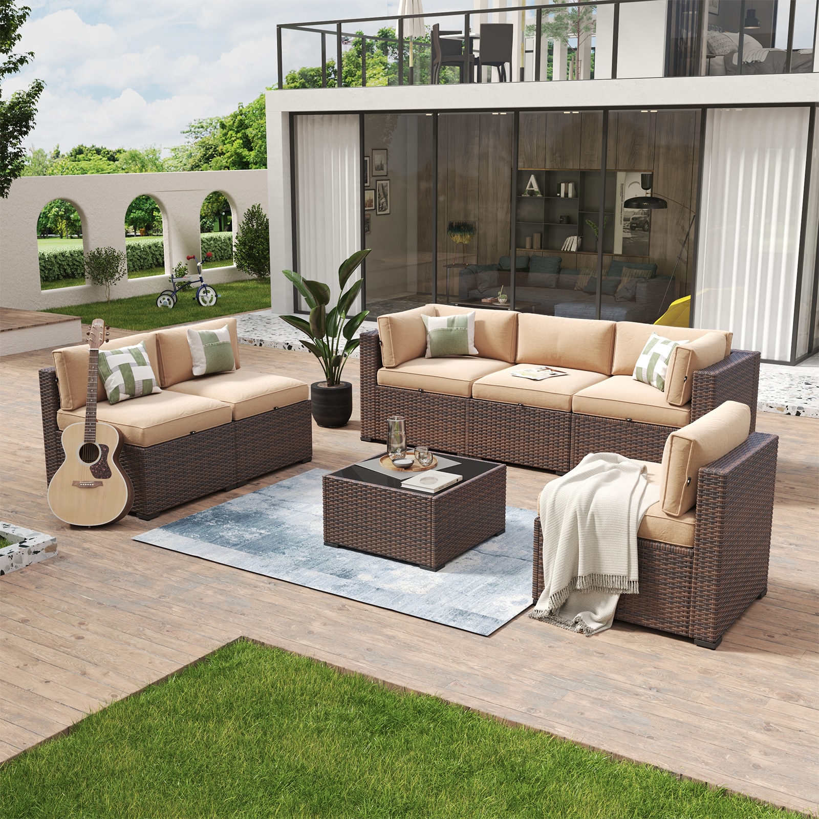 AOXUN LS-039BUAB 7 -Piece Rattan Patio Sofa Conversation Set with Brown Cushions