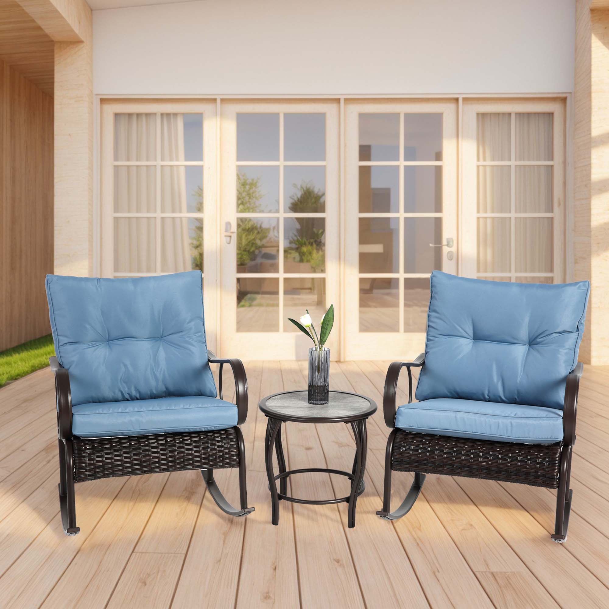 Fun Orange FUNHWCP29 3 -Piece Rattan Patio Conversation Set with Blue Cushions