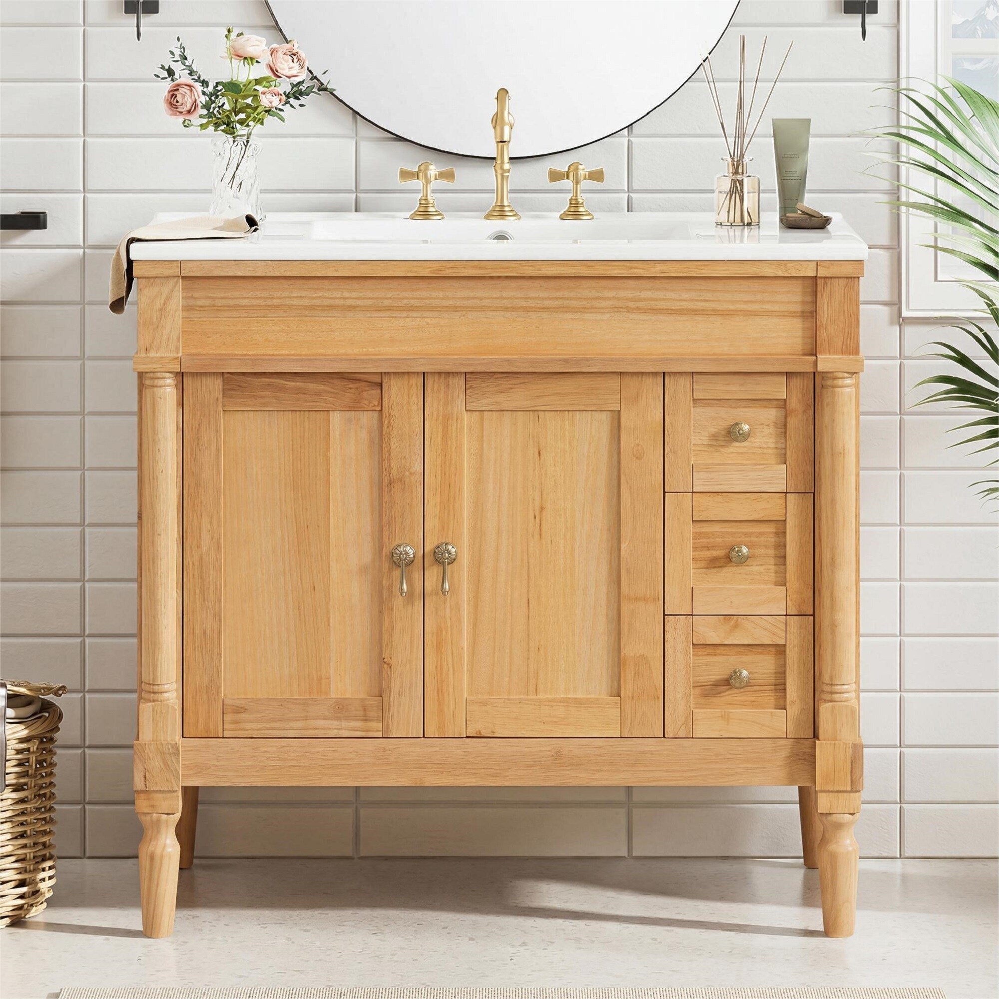 GLANZEND  36 in W x 18.3 in D x 33.5 in H Wood Single Sink Bathroom Vanity with Ceramic Top Soft Close Doors and Drawers Drawer Storage Adjustable Shelf Storage Solid Wood and MDF Construction