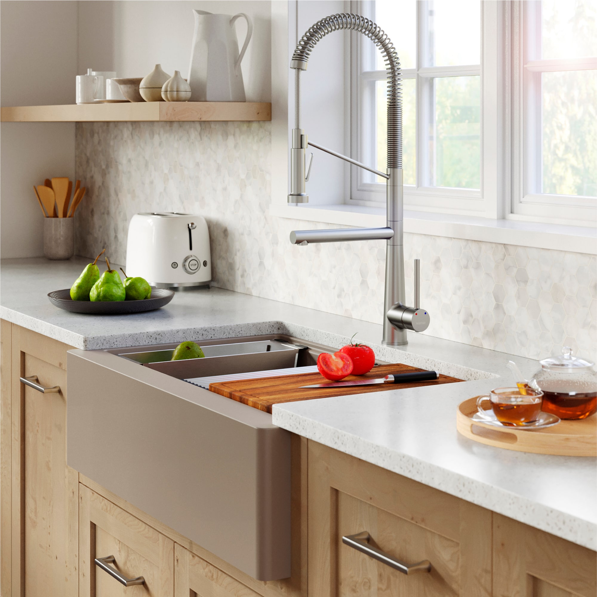 Concrete Quartz 34'' Single Bowl Farmhouse Workstation Sink
