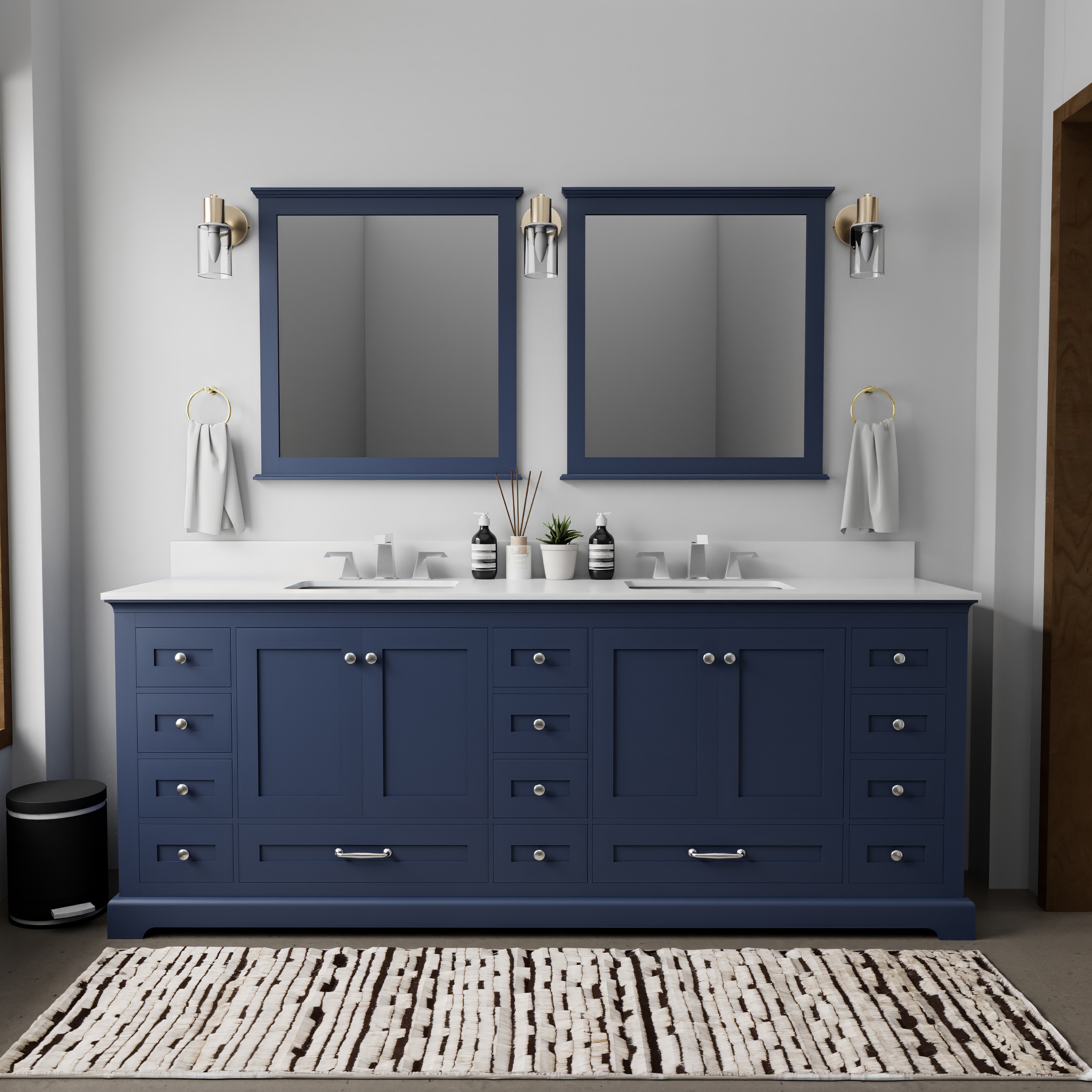 Lexora LVD84DE310 Dukes 84-in Navy Blue Undermount Double sink Bathroom Vanity with White Cultured marble Top (Mirror Included)