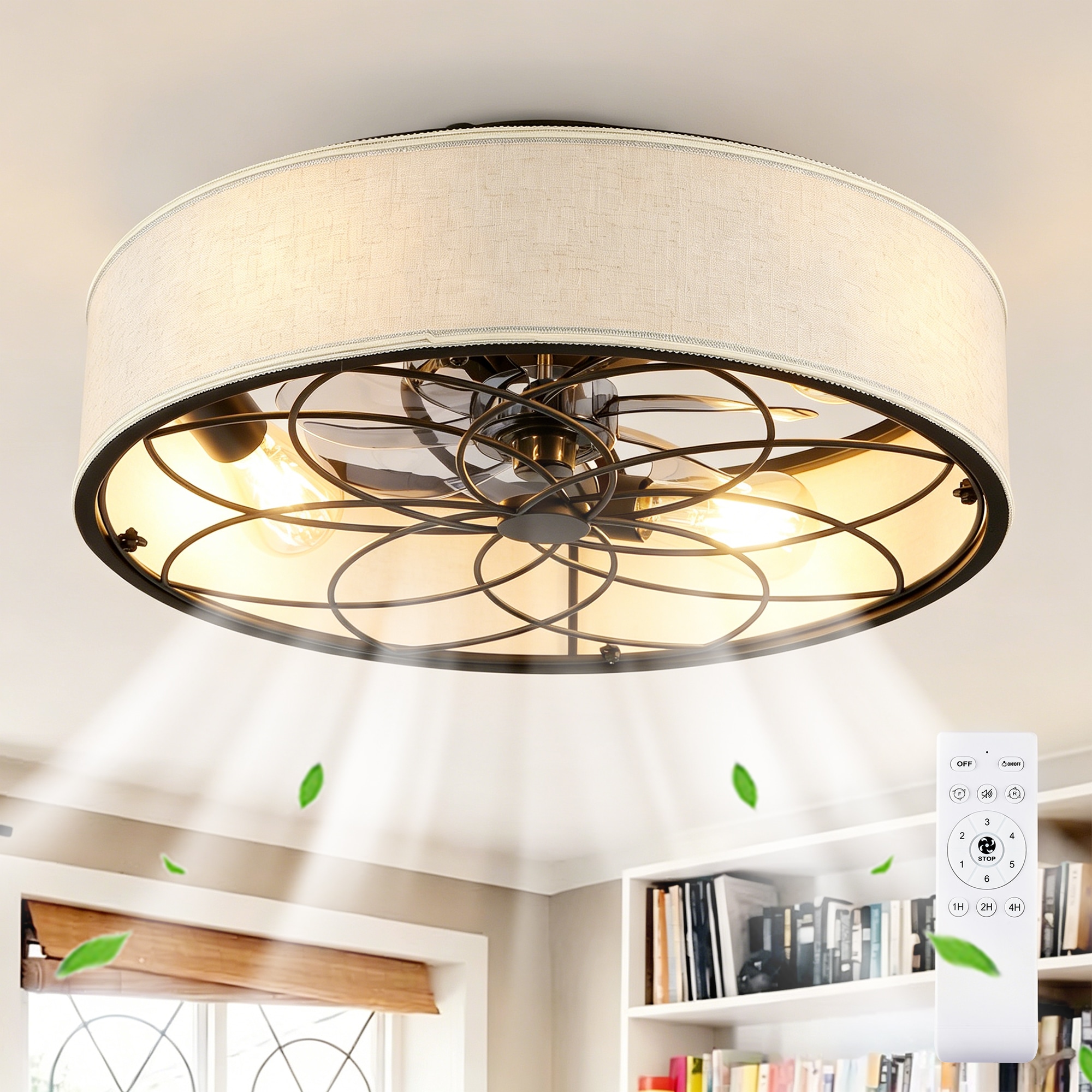 YOTOO 20 Inch Flush Mount Ceiling Fan with Light Beige Linen Fabric Shade Black Metal Hollow Frame 6 Speed Reversible DC Motor Remote Control 1 2 4 Hours Timer Natural Wind Mode 4 E26 Lamp Sockets Bulbs Not Included for Bedroom Dining Room Living Room