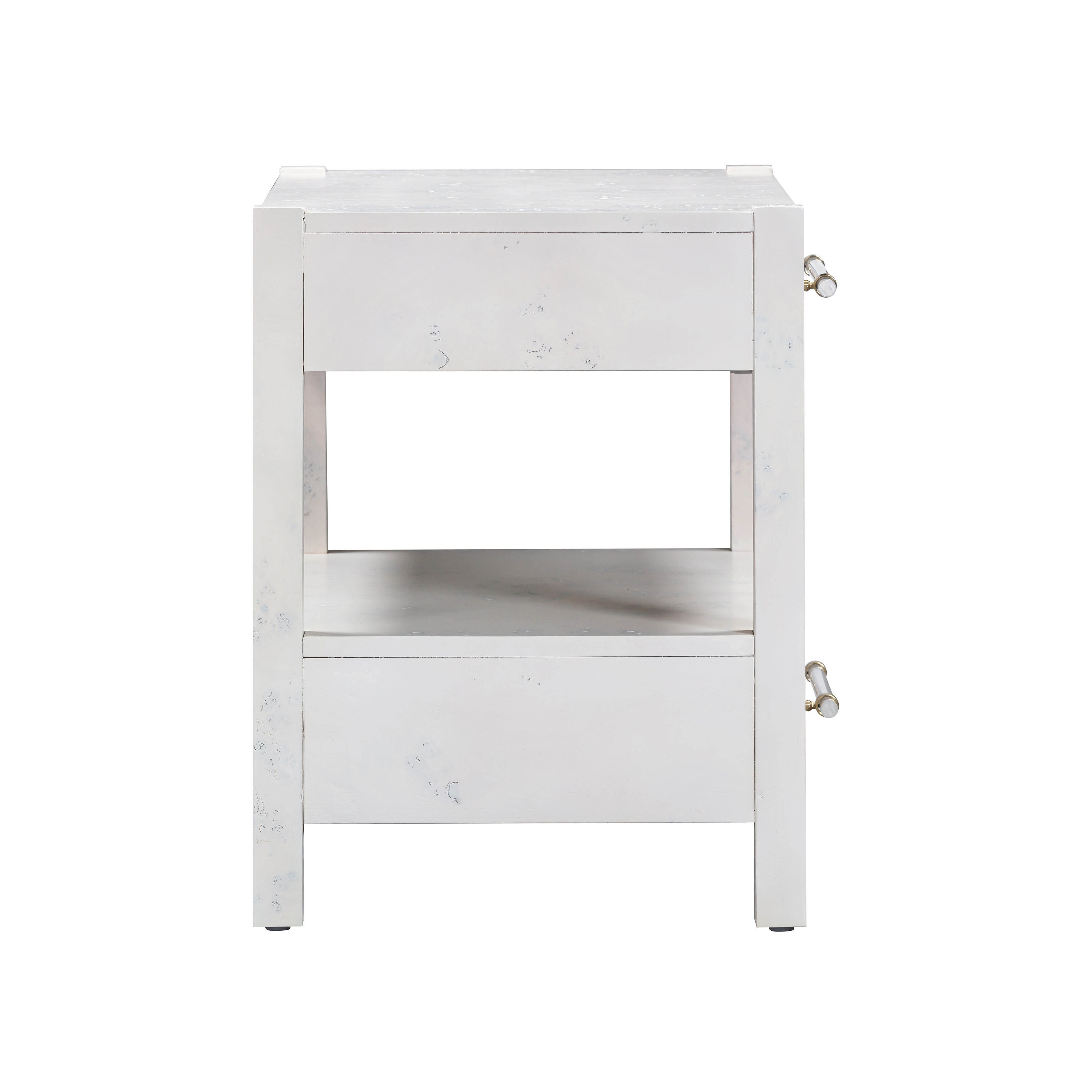 Contemporary White Burl Acacia Nightstand with Brass Accents