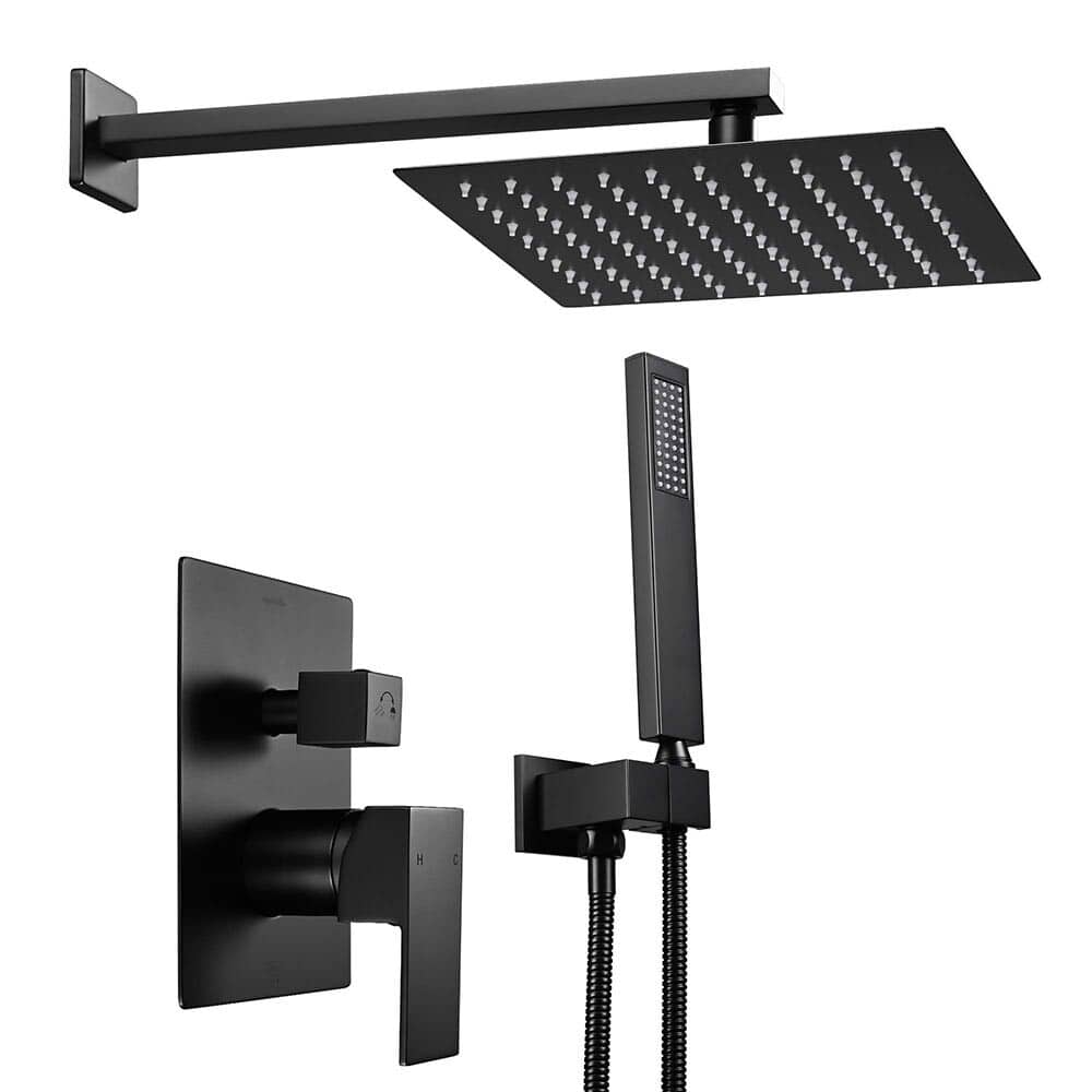 Yescom W81FCS001-10IN-MB-LO Shower Faucet Set Wall Mount Concealed Mixer Valve Rain Matte Square Black