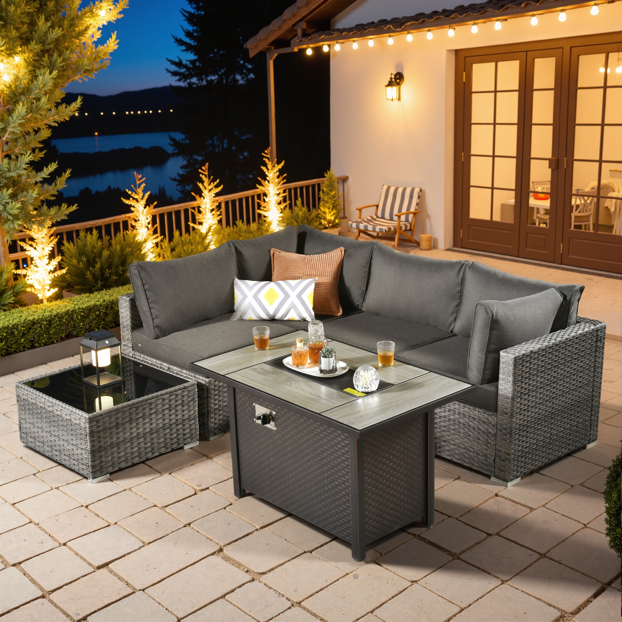 weaxty DCFP03RRS106 Kuuga 6-Piece Rattan Patio Conversation Set with Black Cushions