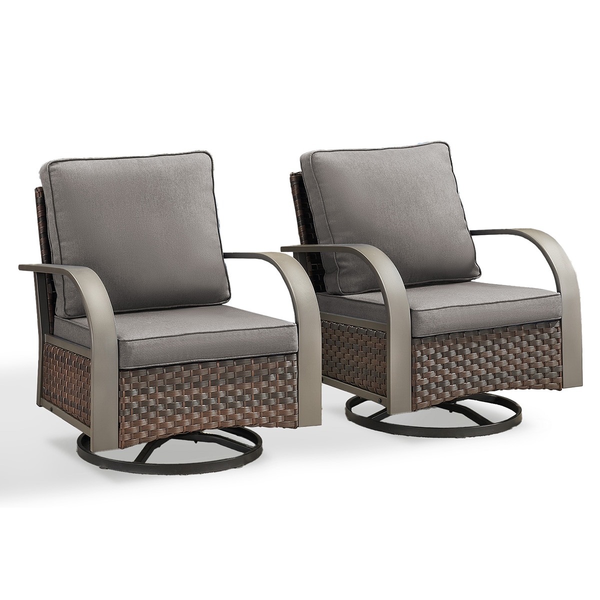 Rilyson FSTZB20-3 B-Bend Set of 2 Wicker Brown Wicker Frame Swivel glider Conversation Chair with Gray Gray Cushioned Seat