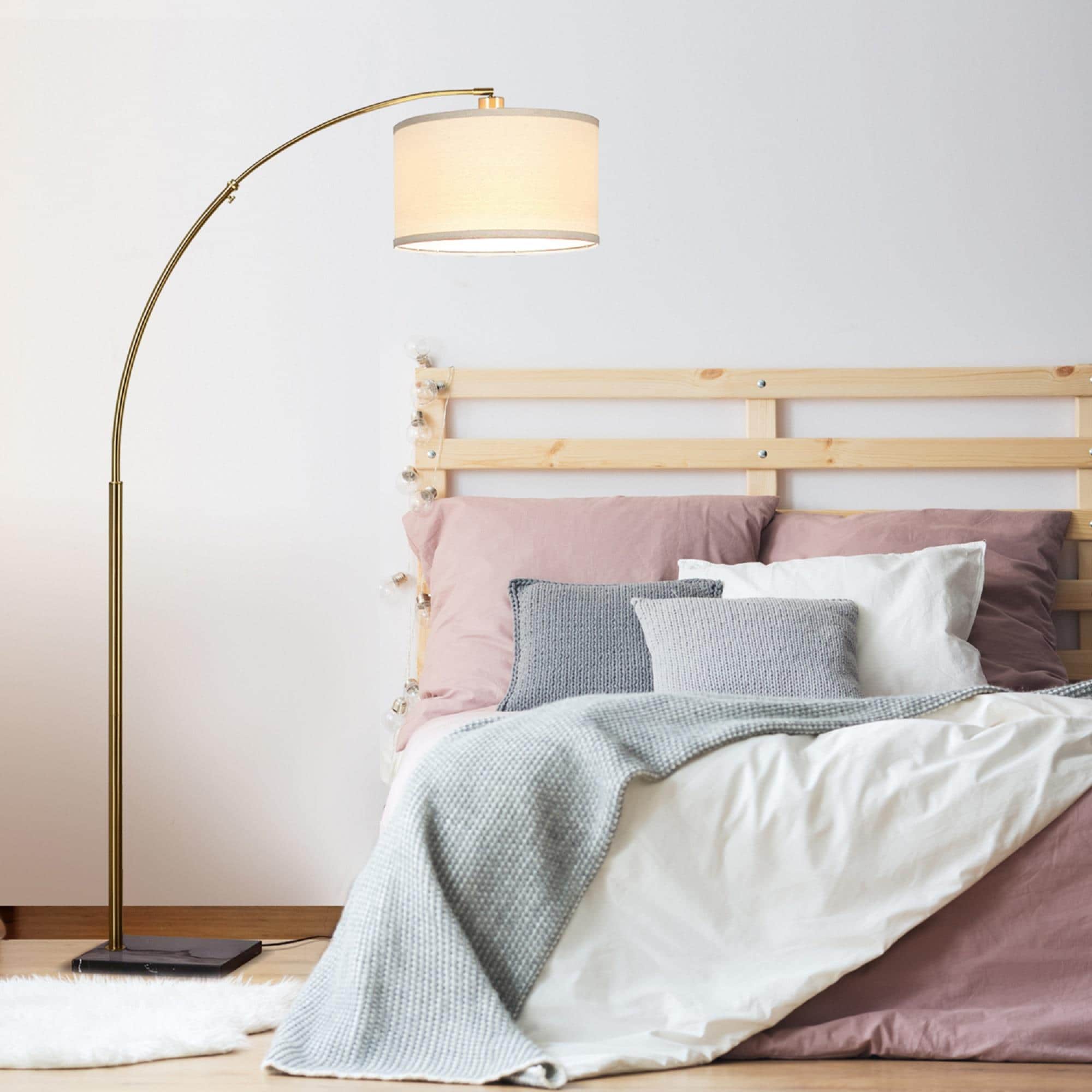 Brightech JQ-UJB8-CYWK 76-in Antique Brass Arc Floor Lamp with Fabric Shade
