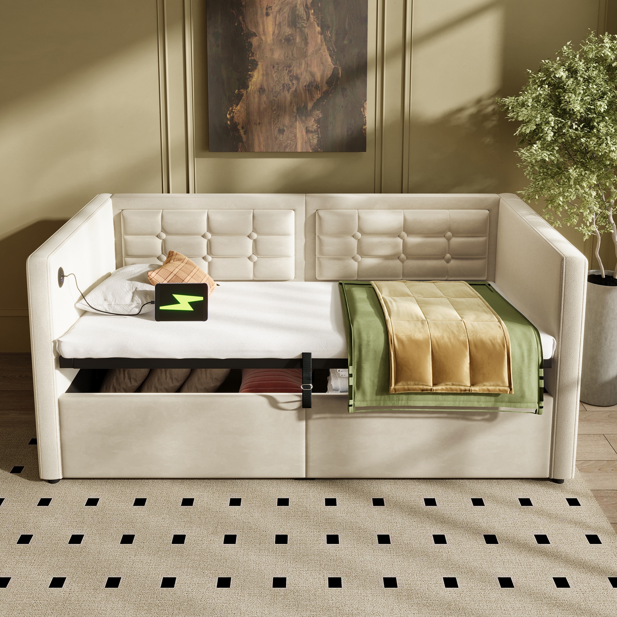 ModernLuxe L3P-N736P303402B Upholstered Twin Size Daybed Hydraulic Storage Twin Bed Frame with USB  TypeC Charging Bed Frame with Wooden Slats and Tufted Sofa Back Beige Velvet Without Mattress