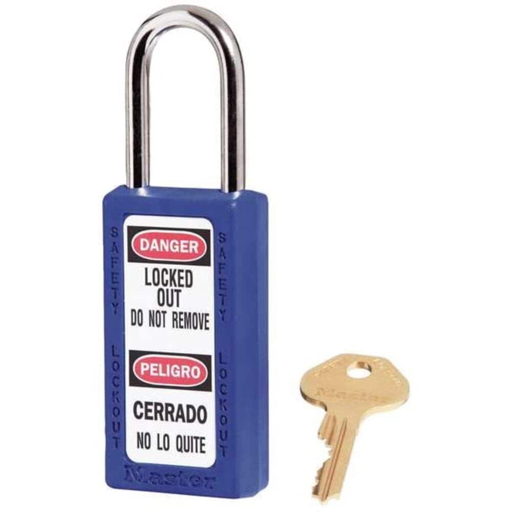 Master Lock Lockout Padlock Keyed Alike Thermoplastic Blue 1 1/2 in Shackle Height 1 1/2 in Body Width #411KAS3BLU