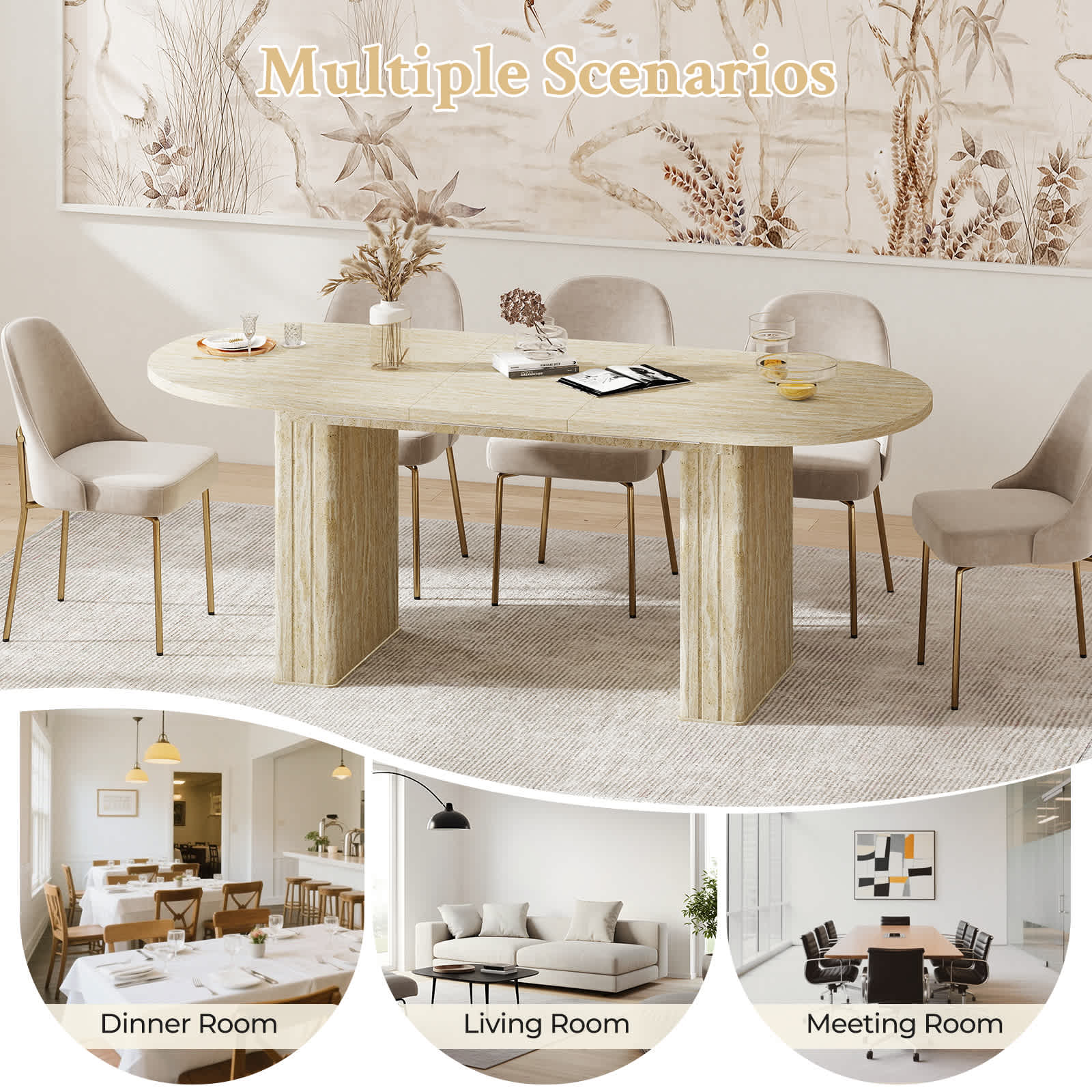 Zevemomo Oval Extendable Beige Dining Table for 4 to 8 People