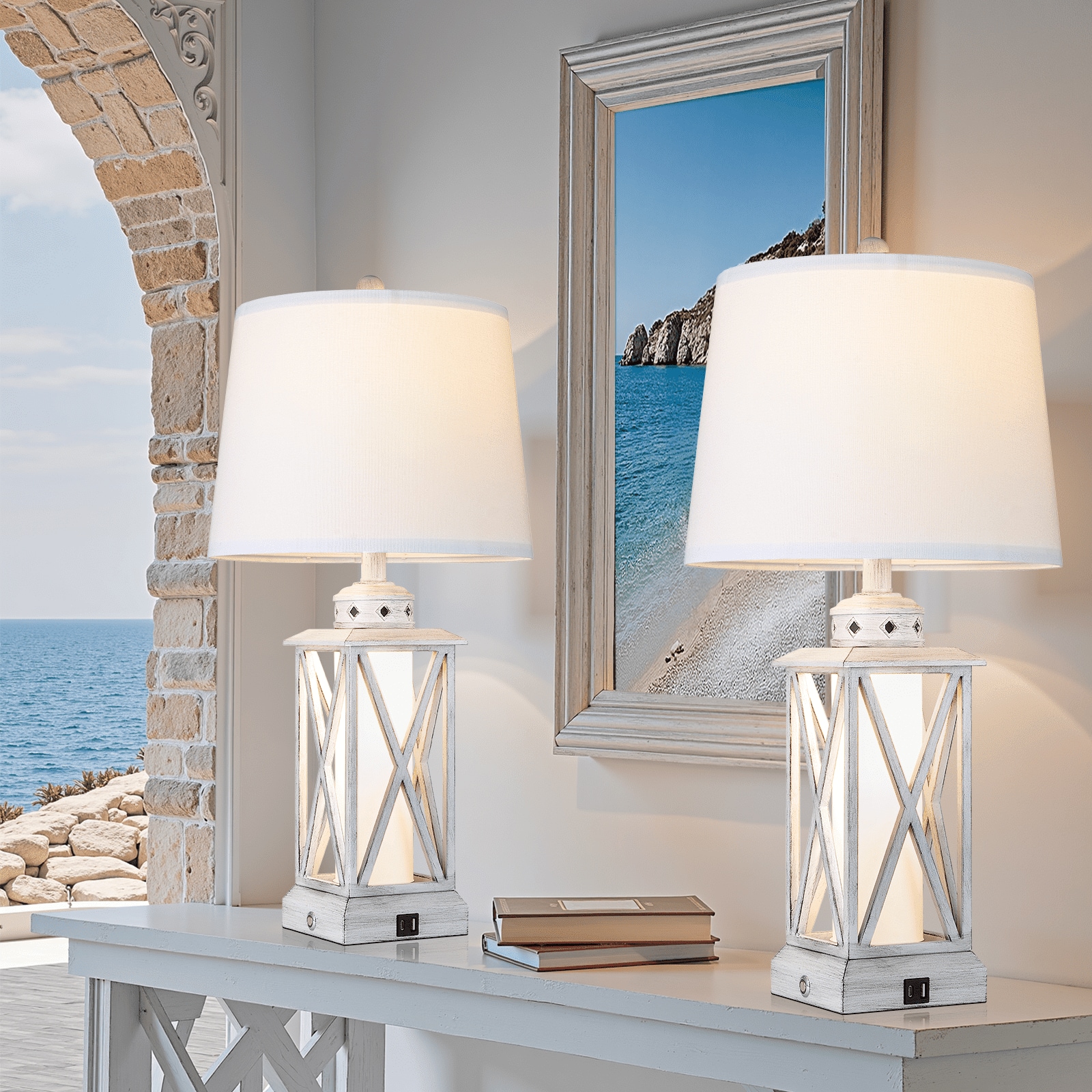 BIGHOUSE 2 Pack 26'' Metal Coastal Table Lamps with 2-Light (9W Bright Top Light + 3 Way Touch Dimmable Night Light) USB Charging Ports Vintage Distressed White Lantern Design for Bedroom Living Room Entryway(3000K LED Bulbs Included)
