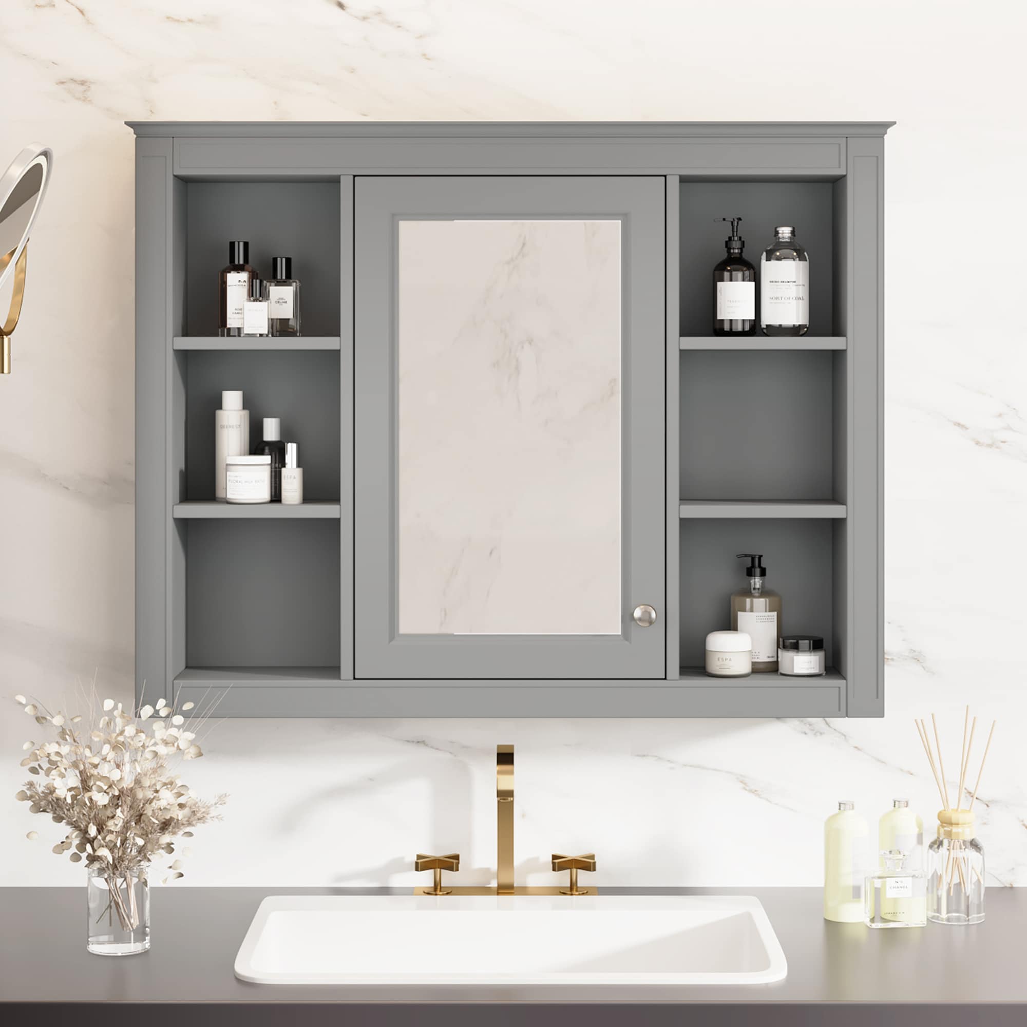 GDFStudio 35 x 27.5 Inch Medicine Cabinet Wall Mounted Bathroom Storage Cabinet Modern Bathroom Wall Cabinet with Mirror Mirror Cabinet with 6 Open Shelves