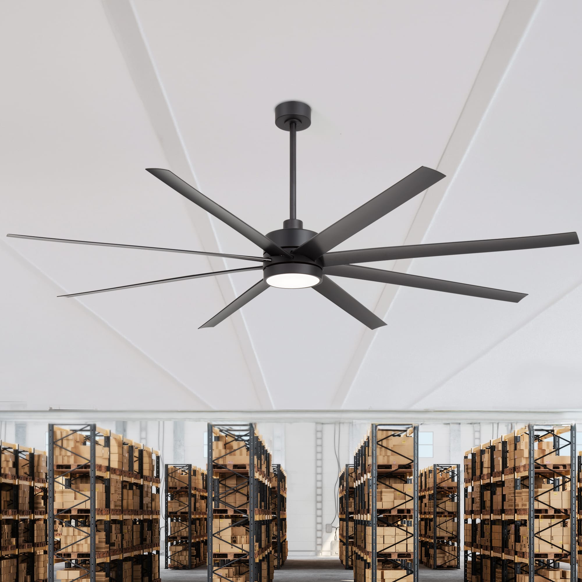 Breezary 27020-WH Oversized 84-in Color-Changing Integrated LED Matte Black with Matte Black Blades Ceiling Fan With Light - Remote Included ( 8 -Blade )