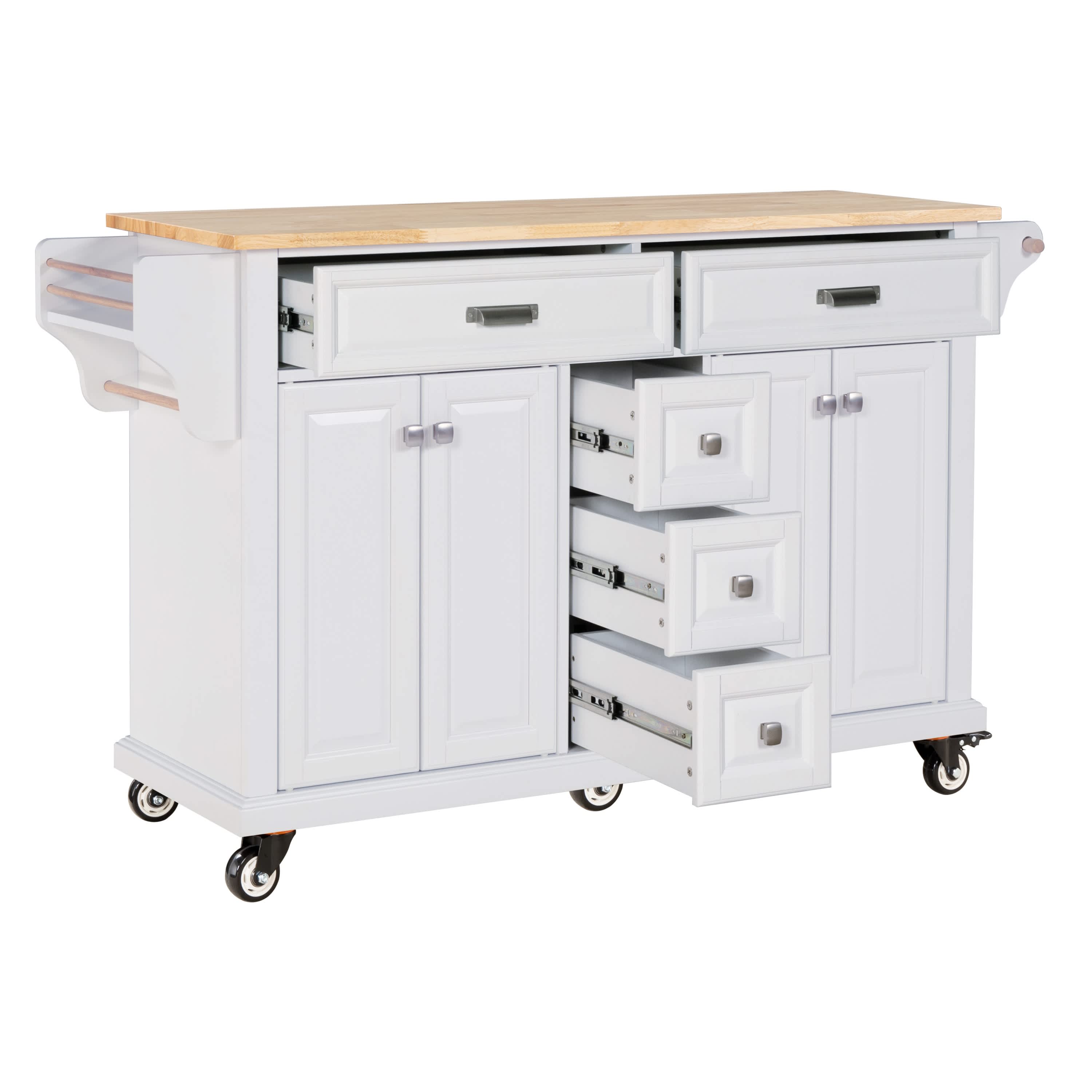 Vynxaria  Kitchen Island   Rubberwood Countertop  5 Wheel Rolling Cart with 5 Drawers  Storage Cabinet  Towel Spice Racks for Dining   Kitchen White