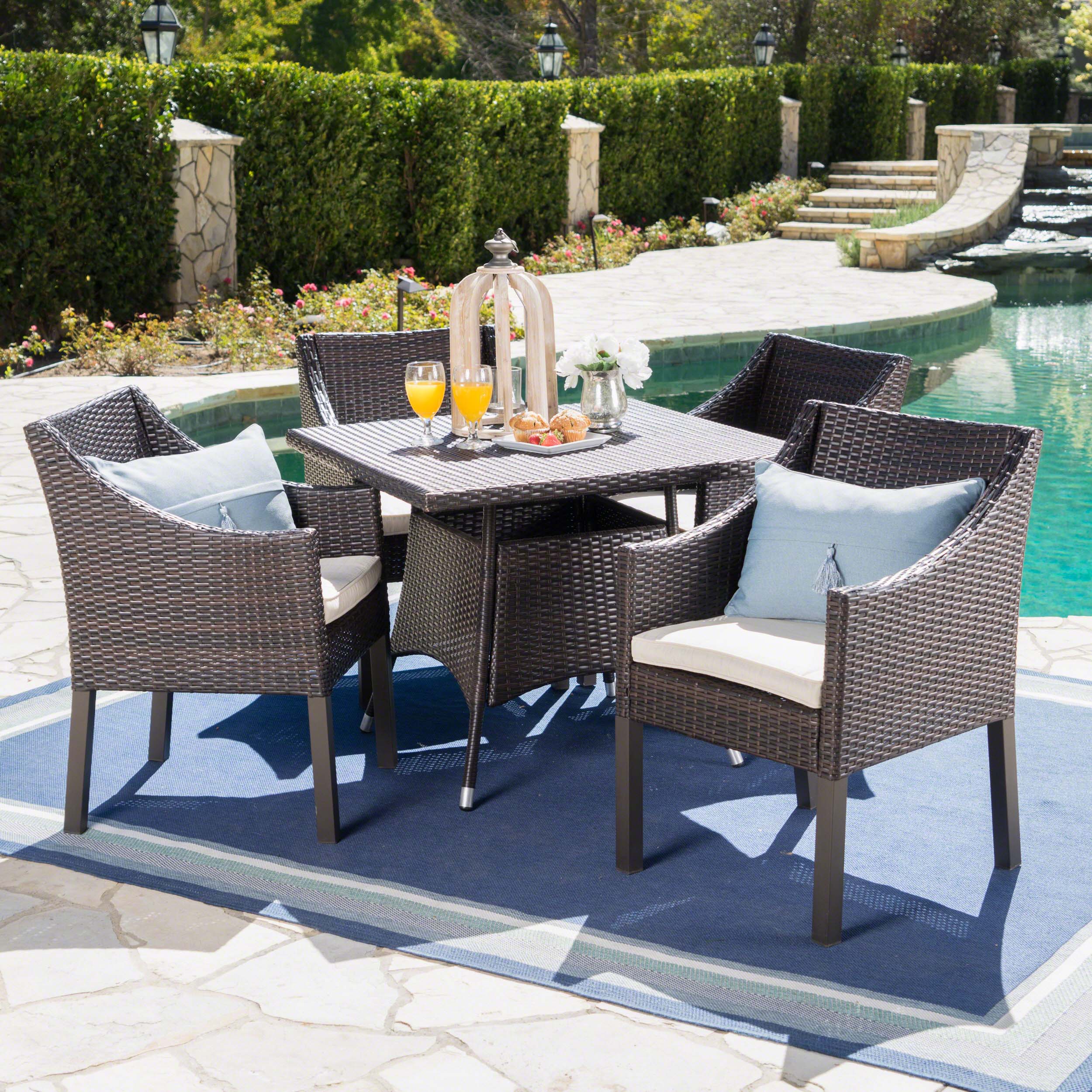 Christopher Knight Home 302327 Franco Outdoor 5 Piece Multibrown Wicker Square Dining Set with Beige Water Resistant Cushions