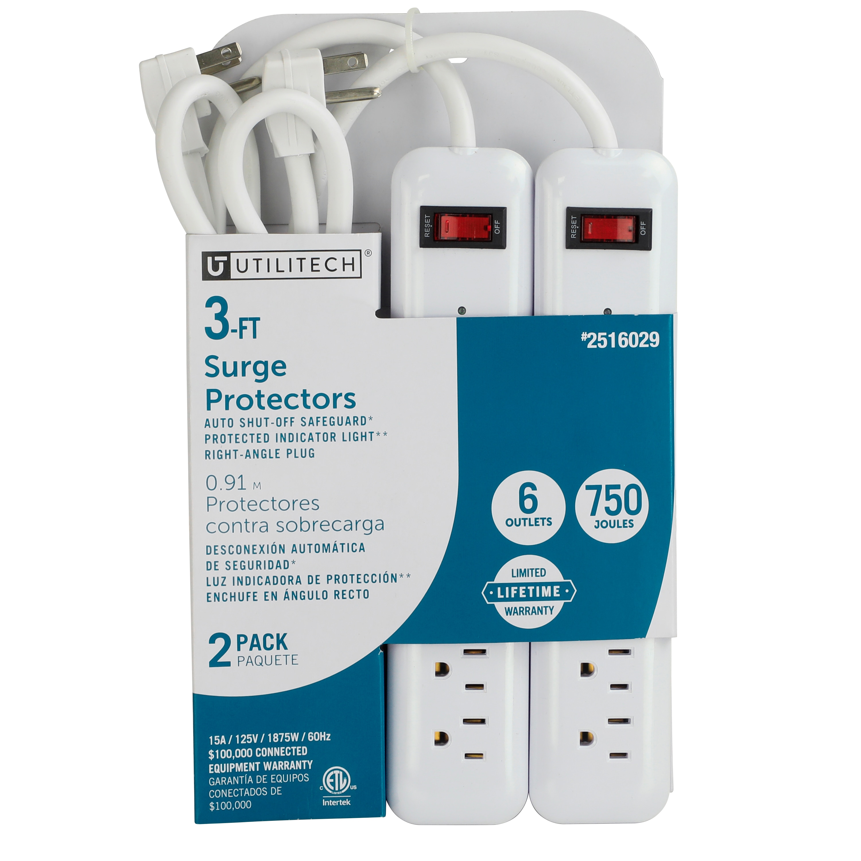 Utilitech UTPB42124-2PK 3-ft Project Source 6 -Outlet 750 Joules 1875 -Watts White Indoor Various receptacles Surge Protector 2 -Pack )
